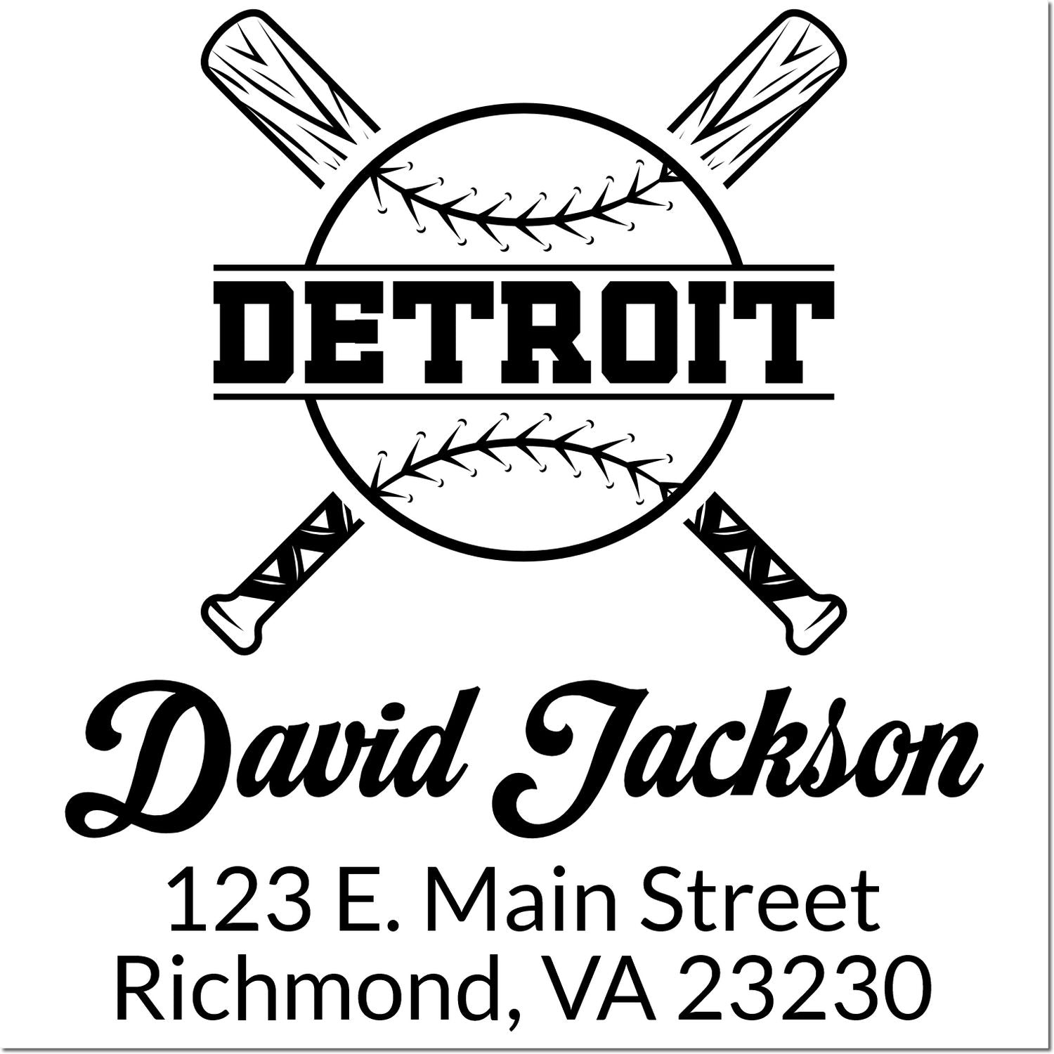 Custom Detroit baseball rubber stamp with crossed bats, personalized name, and address for David Jackson, Richmond, VA.