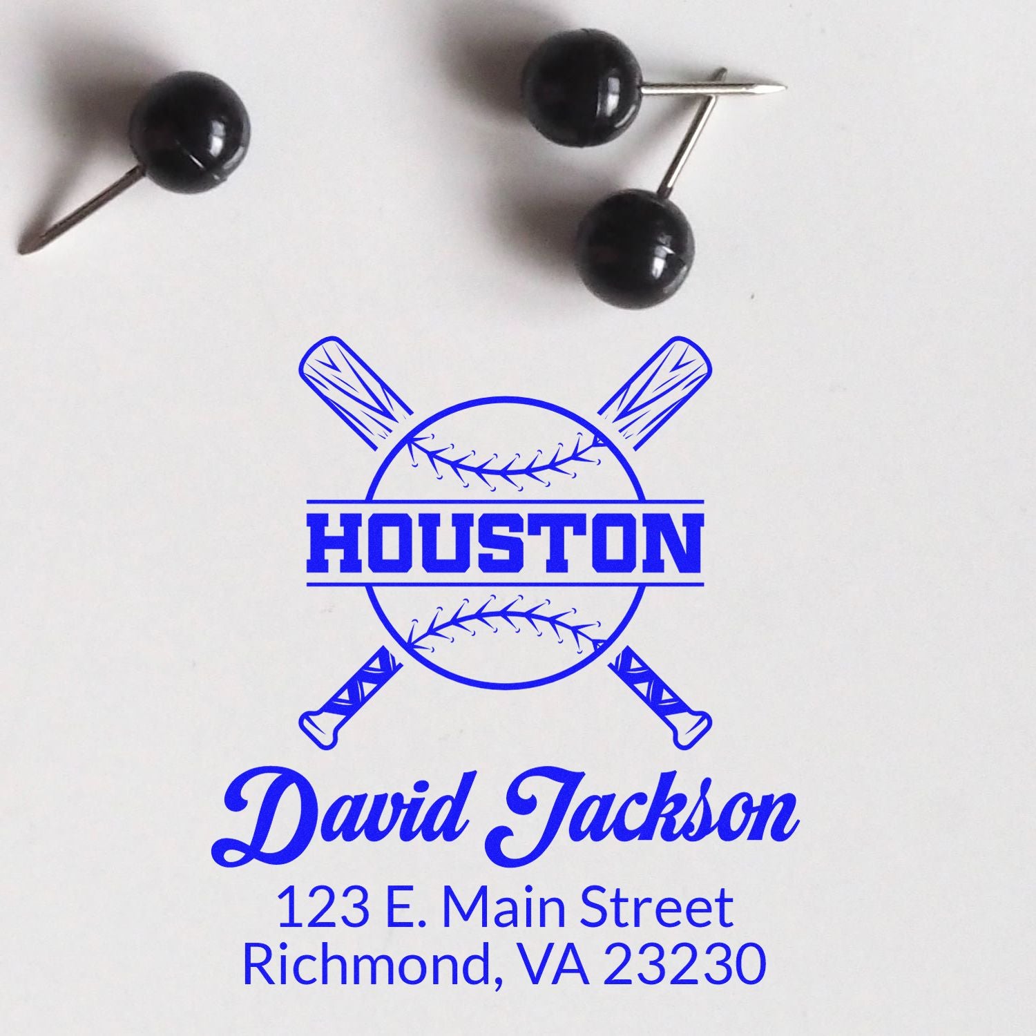 Custom baseball rubber stamp design with Houston logo, David Jackson name, and Richmond, VA address.