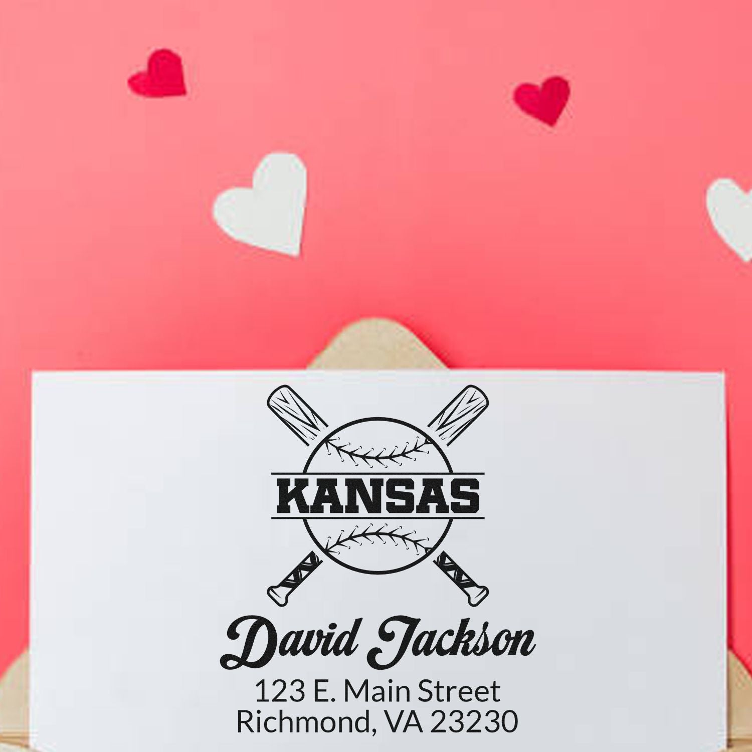 Custom Kansas baseball return address rubber stamp with name, street address, and city, state ZIP for personalized mail.