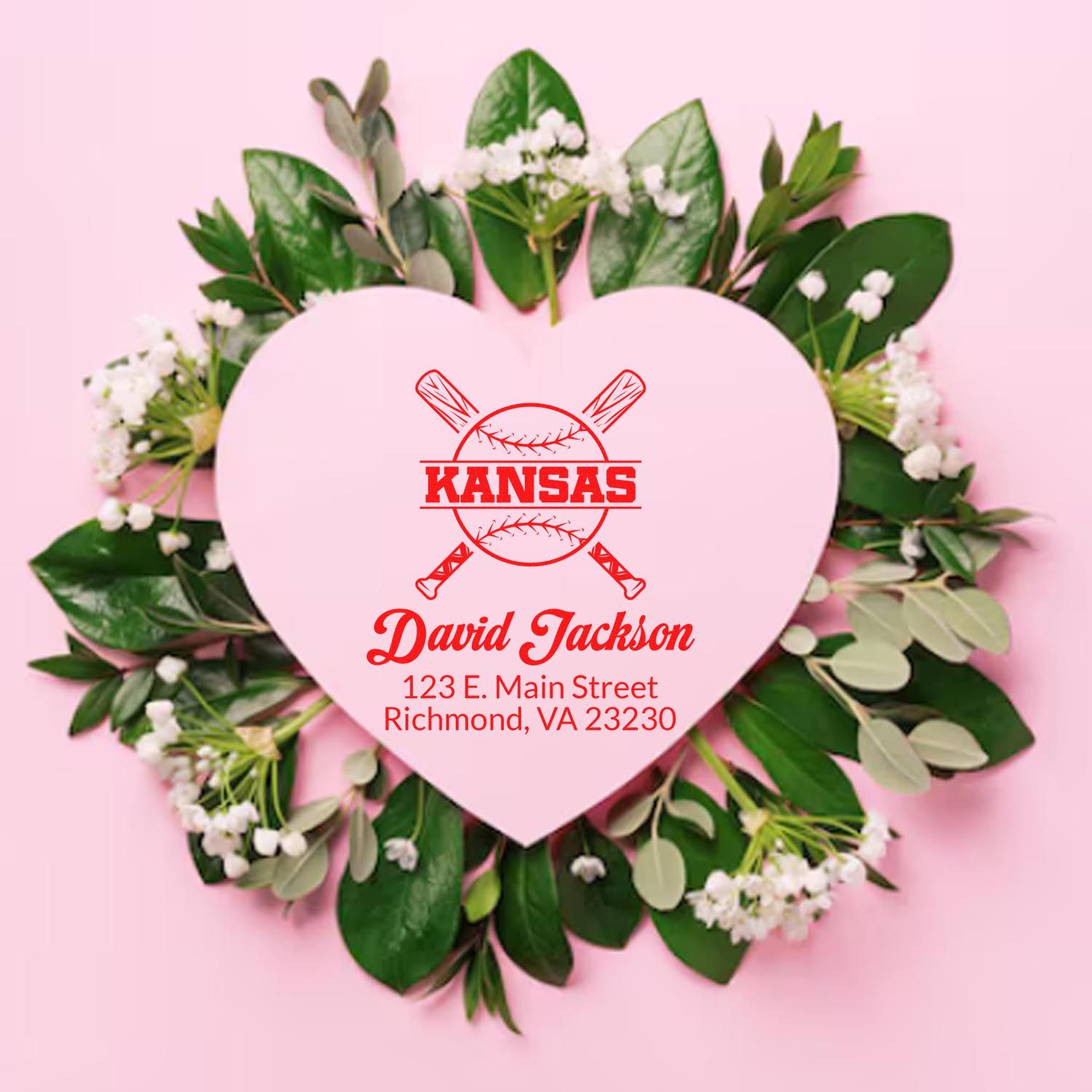 Personalized Kansas baseball address rubber stamp with name and mailing address in a heart floral wreath design.