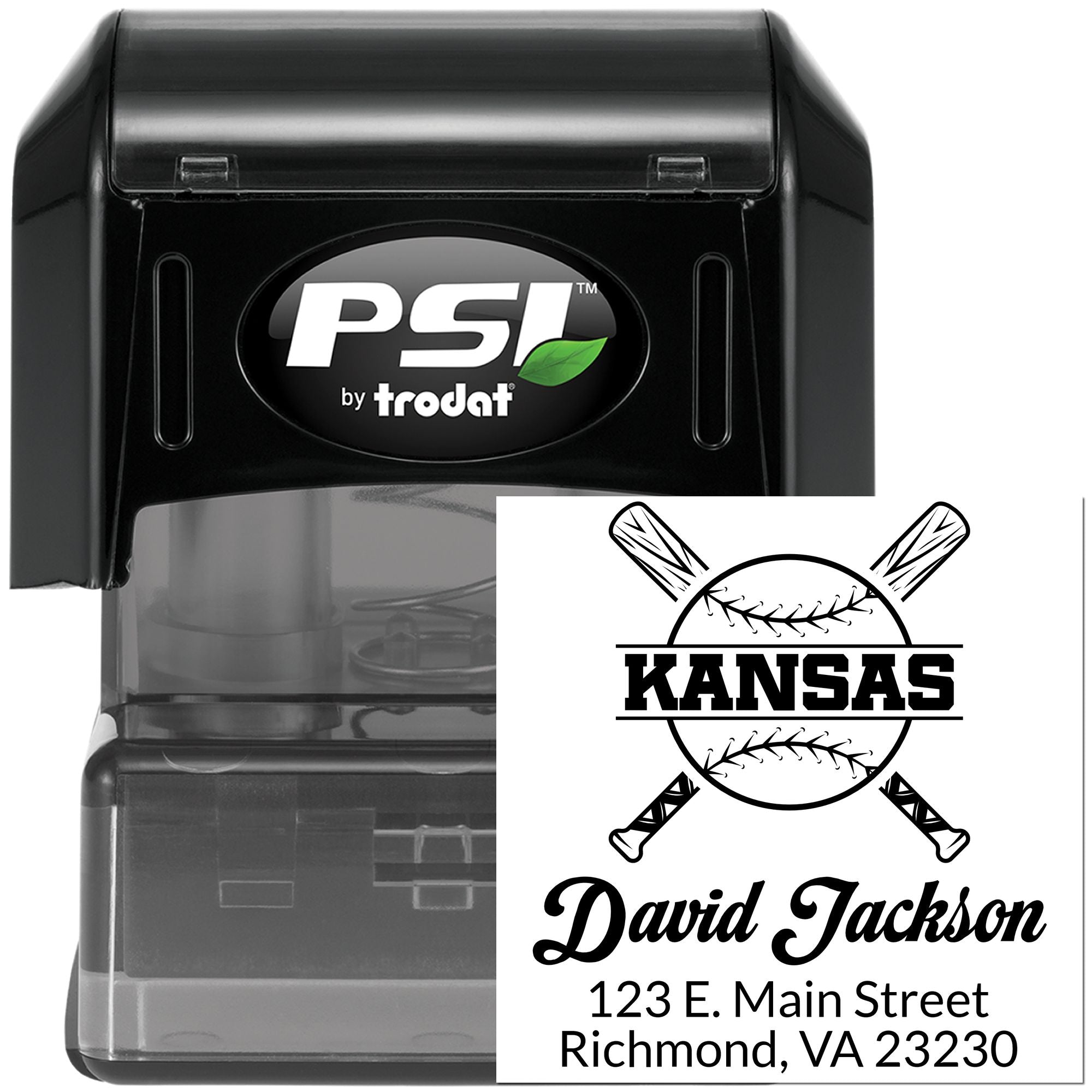 Custom PSI by Trodat self-inking rubber stamp with Kansas baseball design, name, and address imprint for personalized mailing.