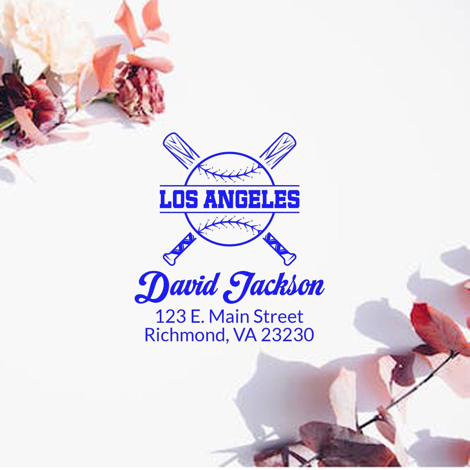 Personalized baseball rubber stamp with crossed bats, Los Angeles design, David Jackson name, and Richmond, VA address.