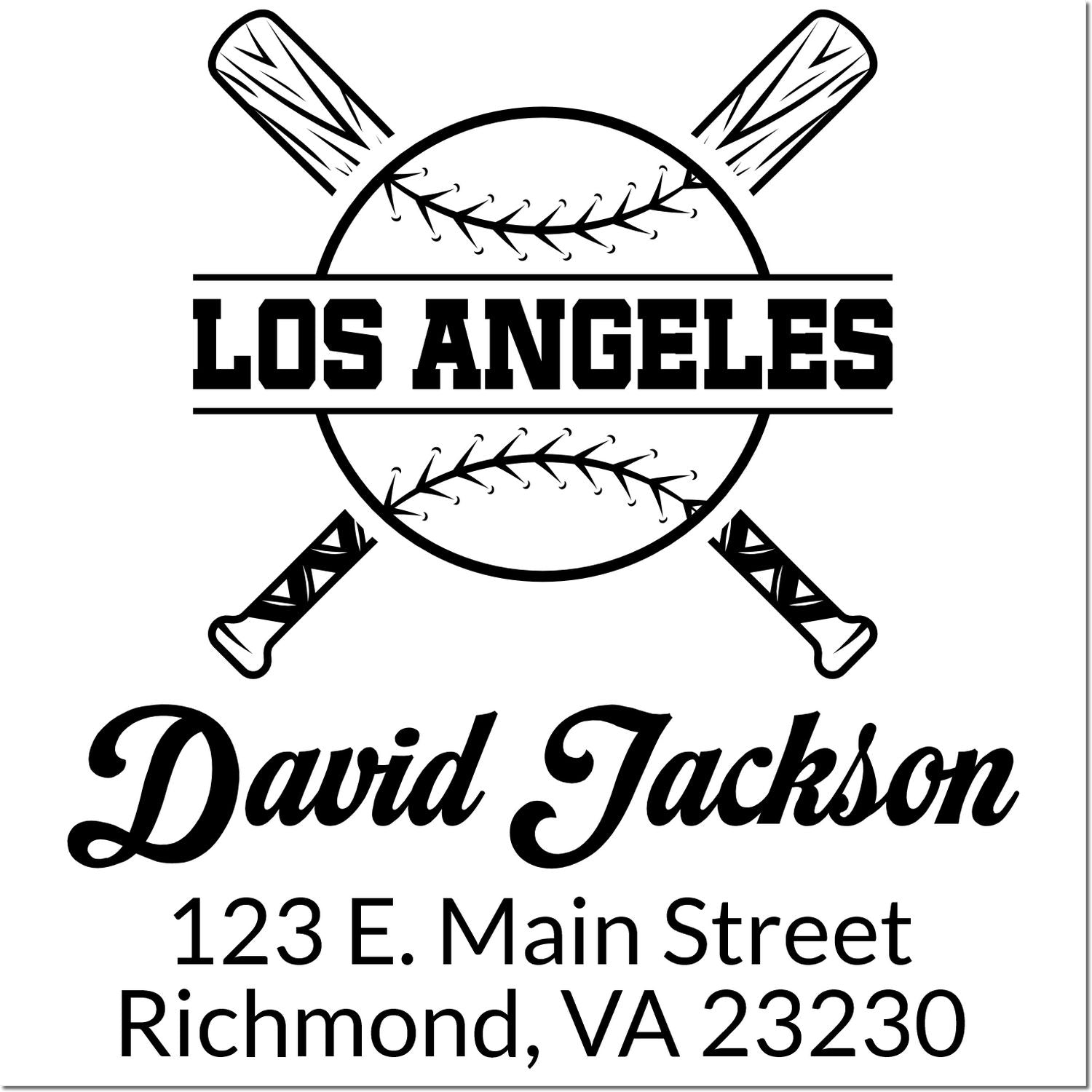 Custom baseball rubber stamp for David Jackson, Los Angeles, with crossed bats, baseball logo, and return address.