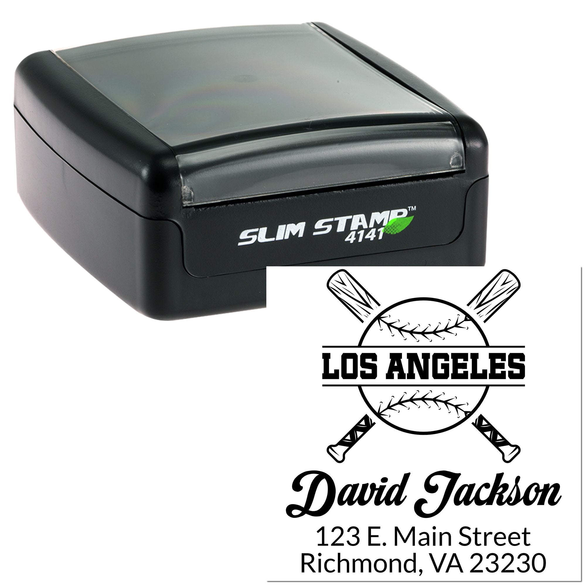 Slim Stamp 4141 custom rubber stamp featuring a baseball logo, David Jackson name, and Richmond, VA address.