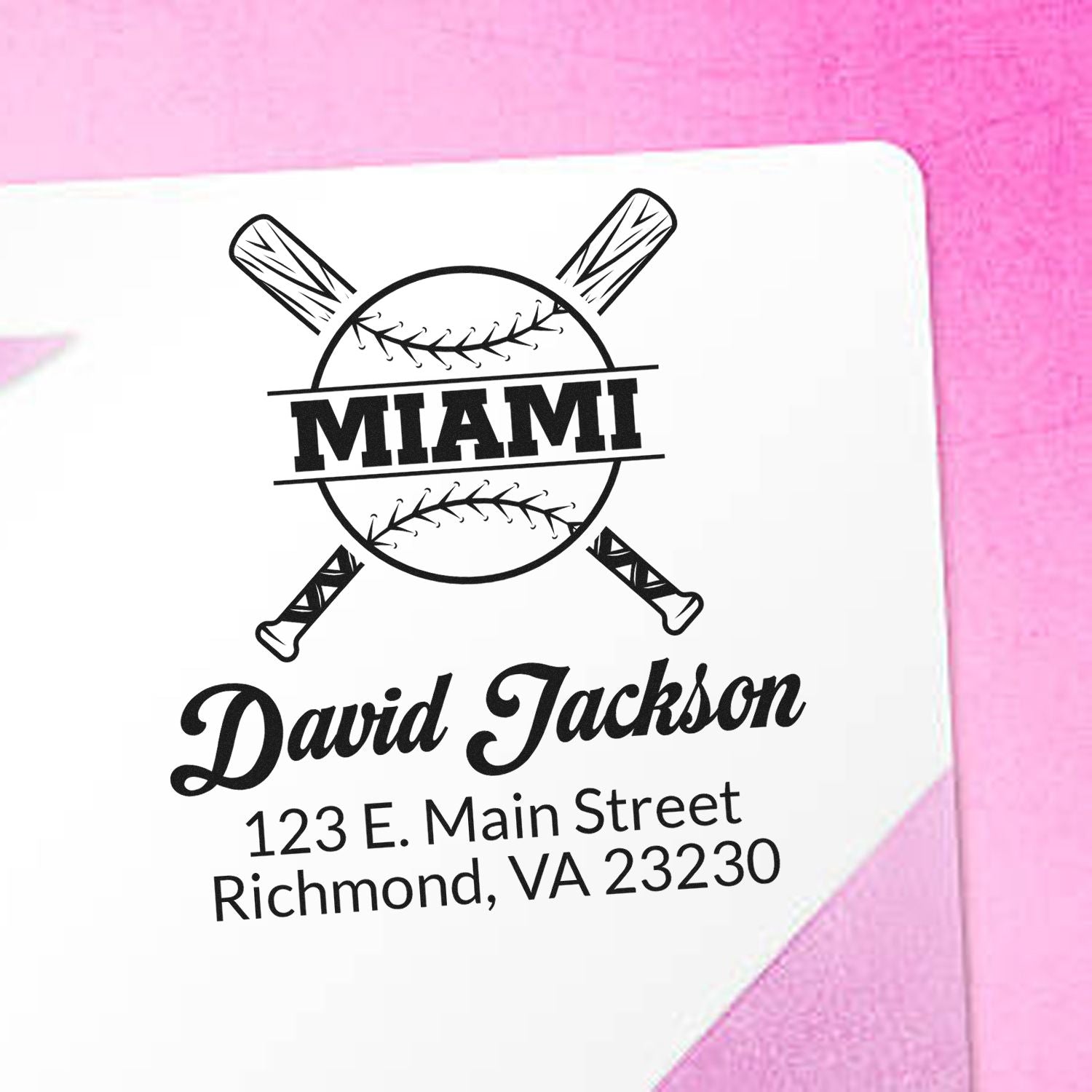 Personalized baseball return address stamp with Miami, David Jackson, and Richmond, VA address.