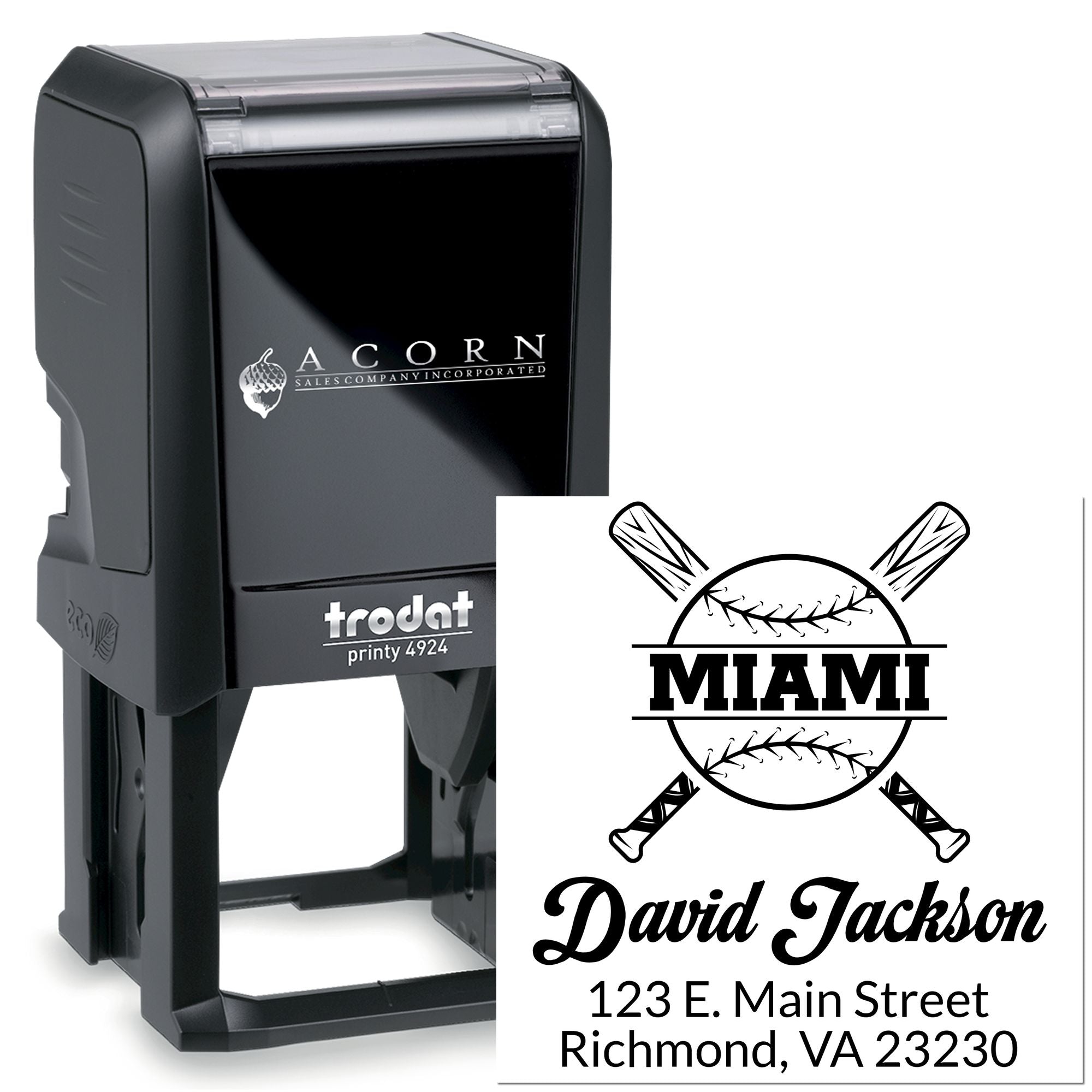 Custom Trodat Printy 4924 self-inking rubber stamp with baseball logo, name and address for personalized business marking.