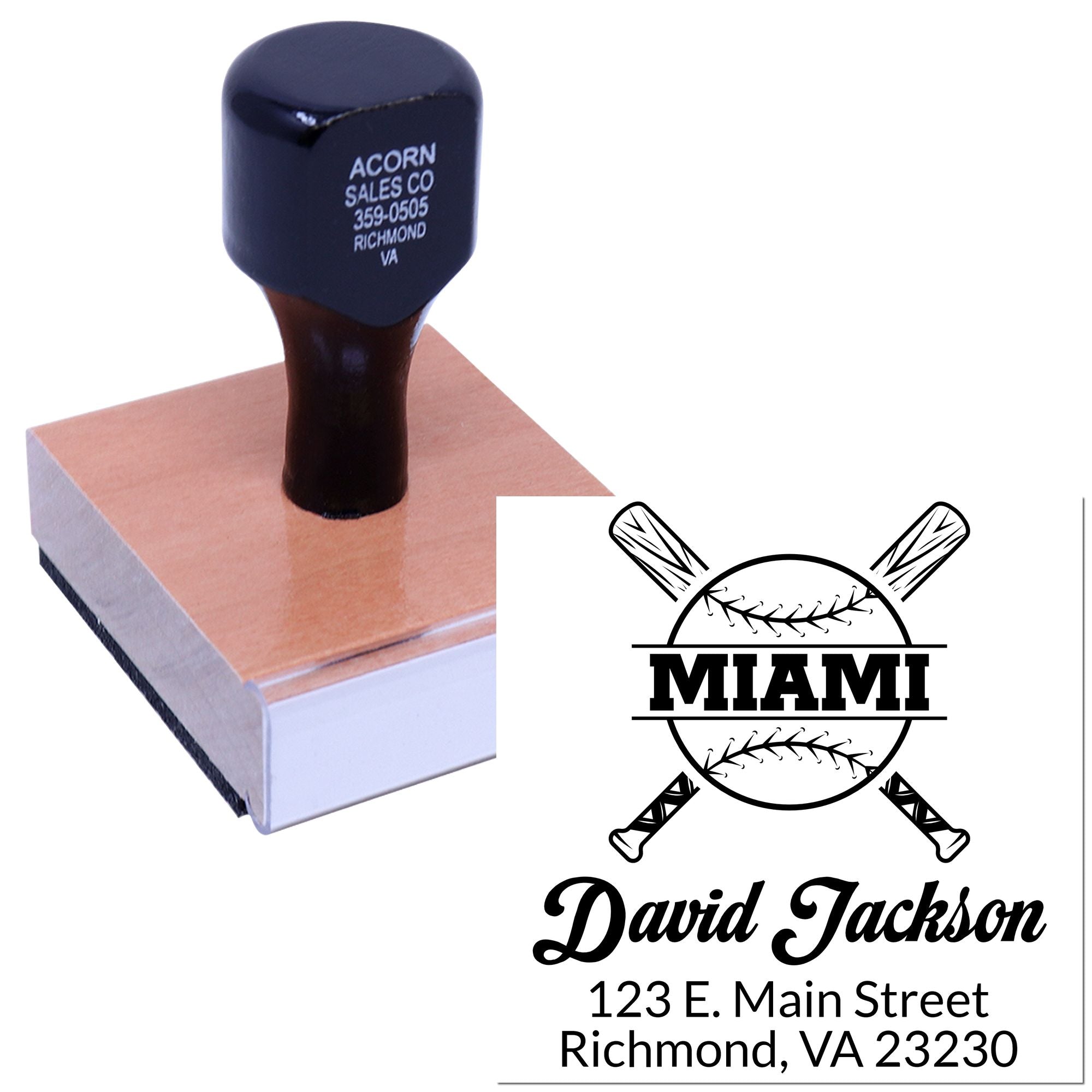 Personalized baseball rubber stamp for team branding, with Miami logo, name, and Richmond VA address