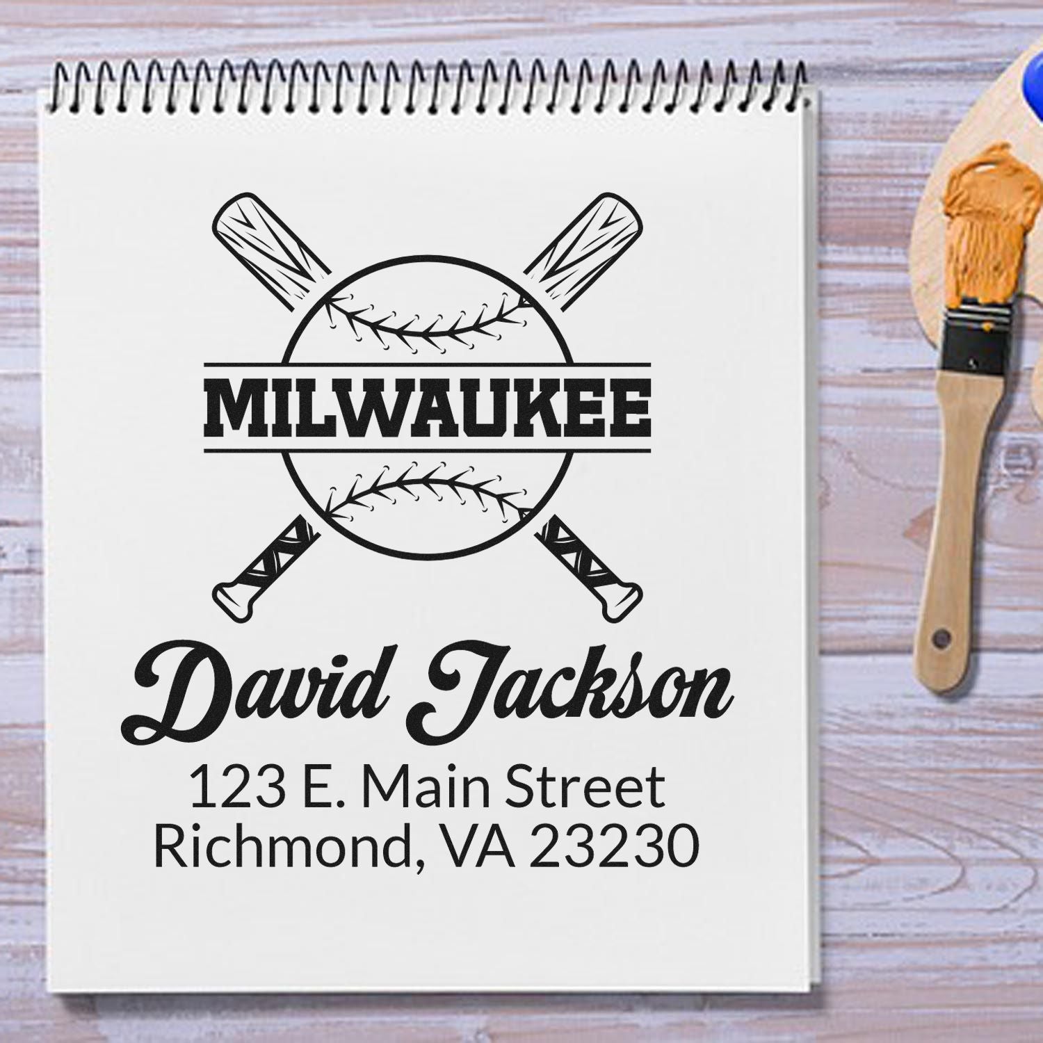 Custom baseball rubber stamp with Milwaukee logo, name, and address for personalized stationery, gifts, or team branding.