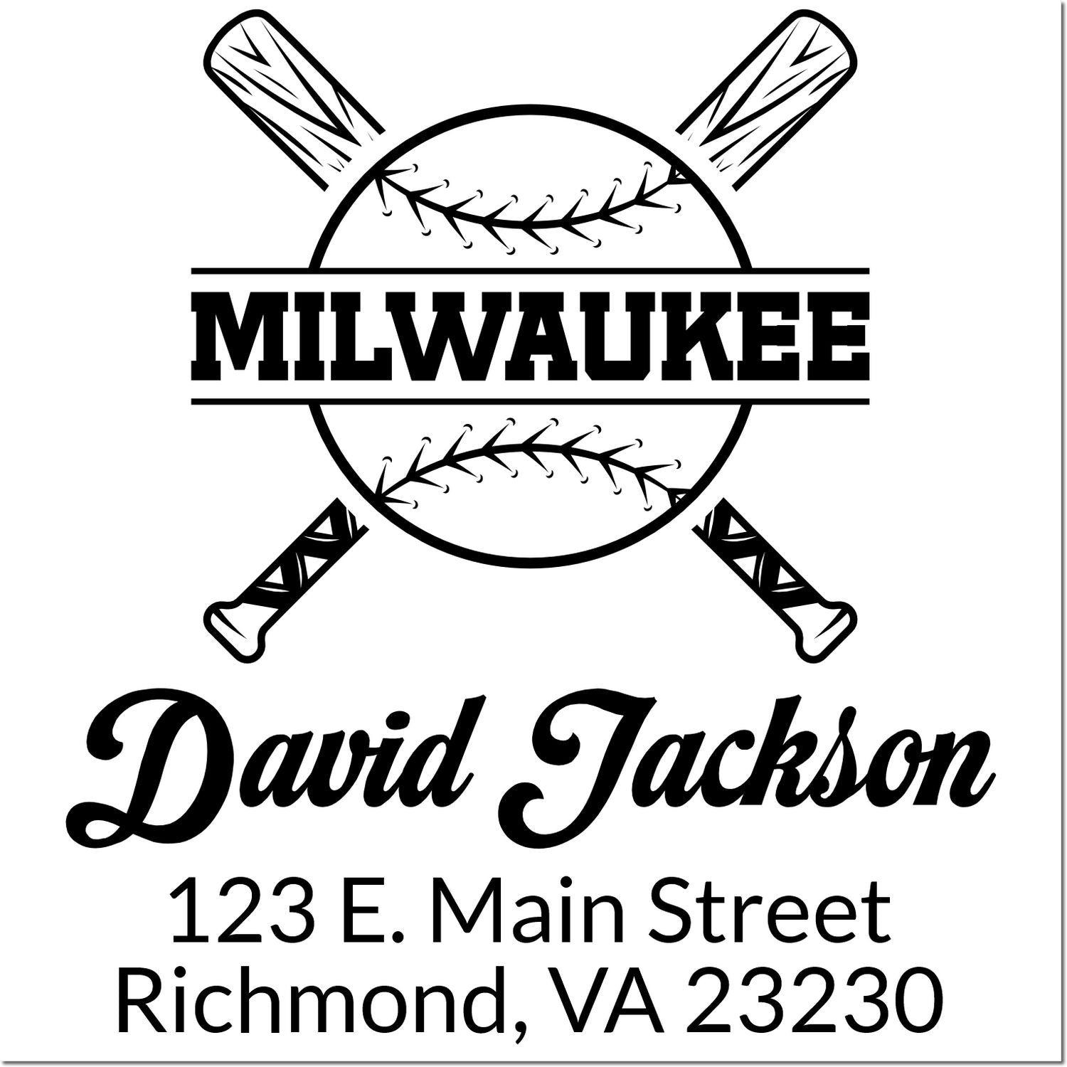Custom baseball rubber stamp for Milwaukee, David Jackson, 123 E. Main Street, Richmond, VA 23230.