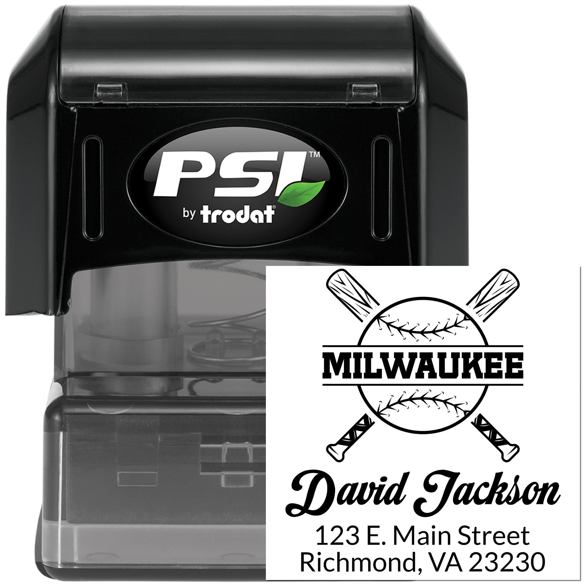 Personalized self-inking rubber stamp with Milwaukee baseball logo, name, and Richmond VA return address.