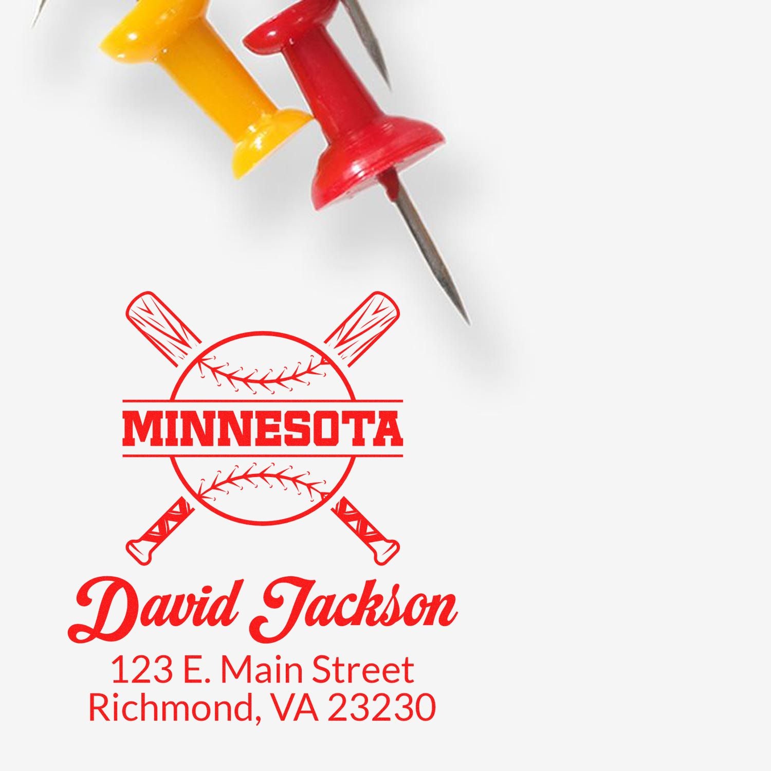 Custom baseball address stamp with Minnesota logo, personalized name, and Richmond, VA mailing address