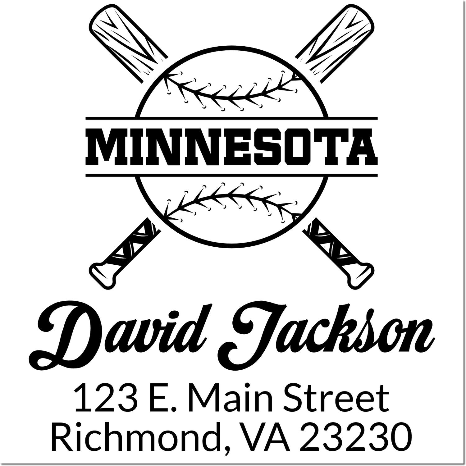 Custom Minnesota baseball rubber stamp with crossed bats, David Jackson, and 123 E. Main Street, Richmond, VA.