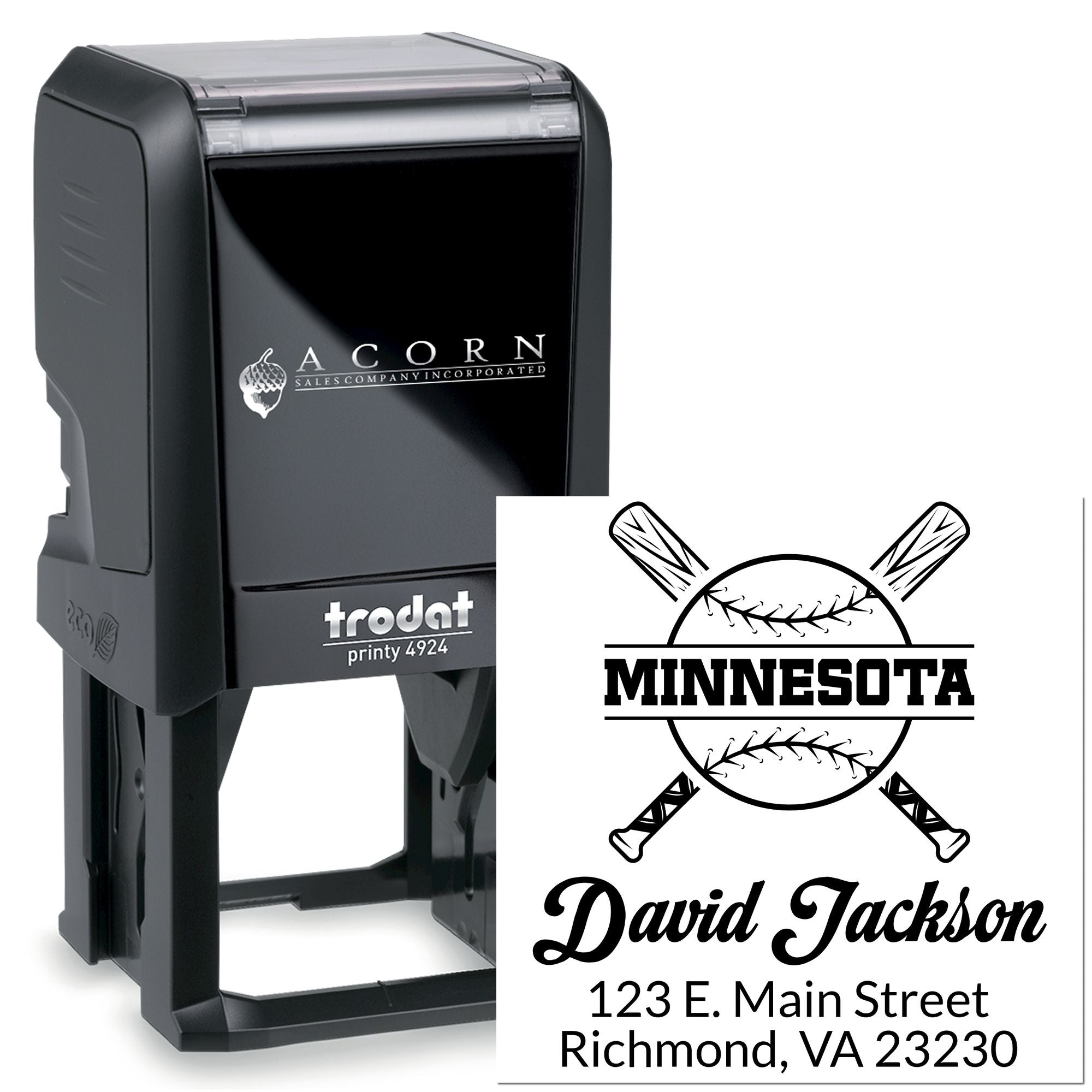 Custom self-inking rubber stamp with baseball logo, name, and address for personalized business or team branding.