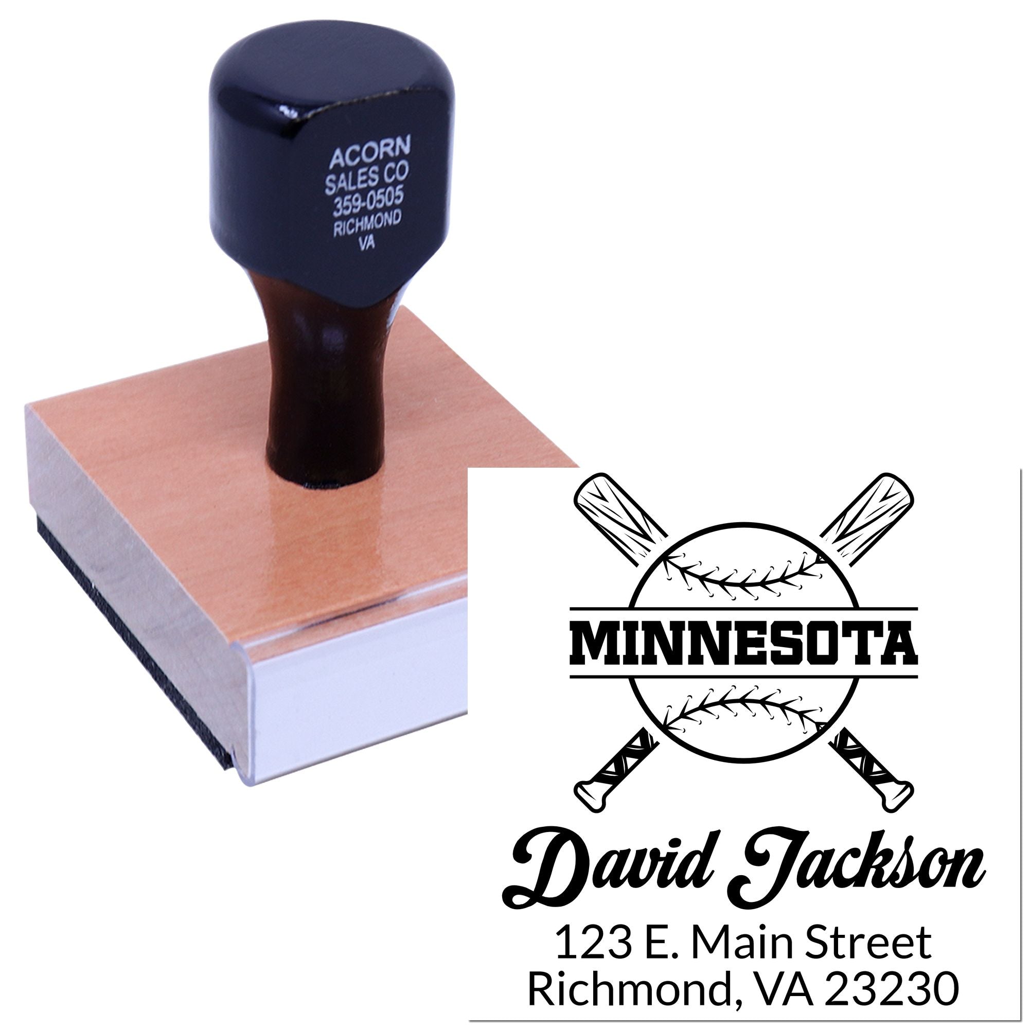 Custom rubber stamp with baseball logo, name, and address for personalized business or team stationery.