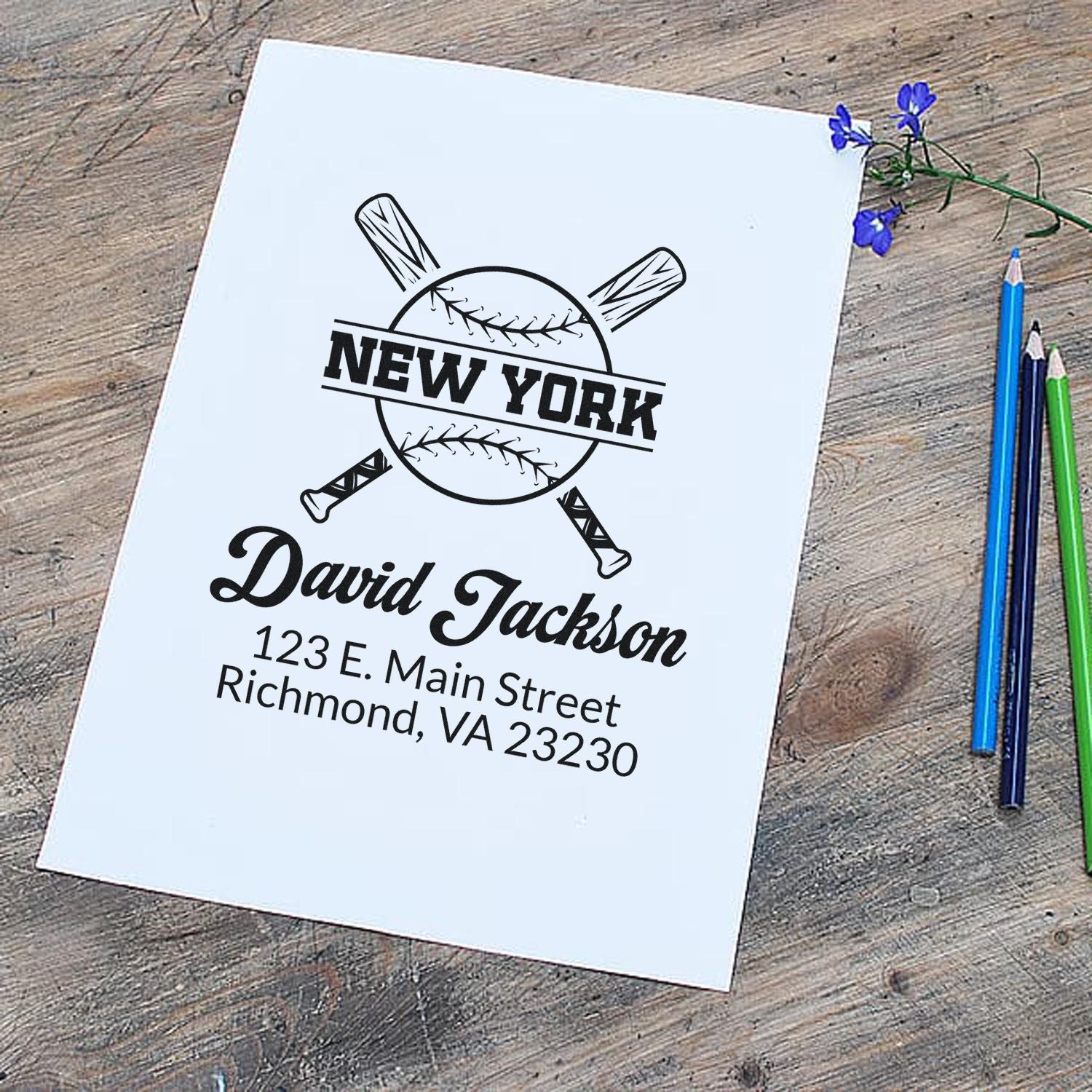 Custom baseball rubber stamp with New York logo, name, and address for personalized stationery and business branding