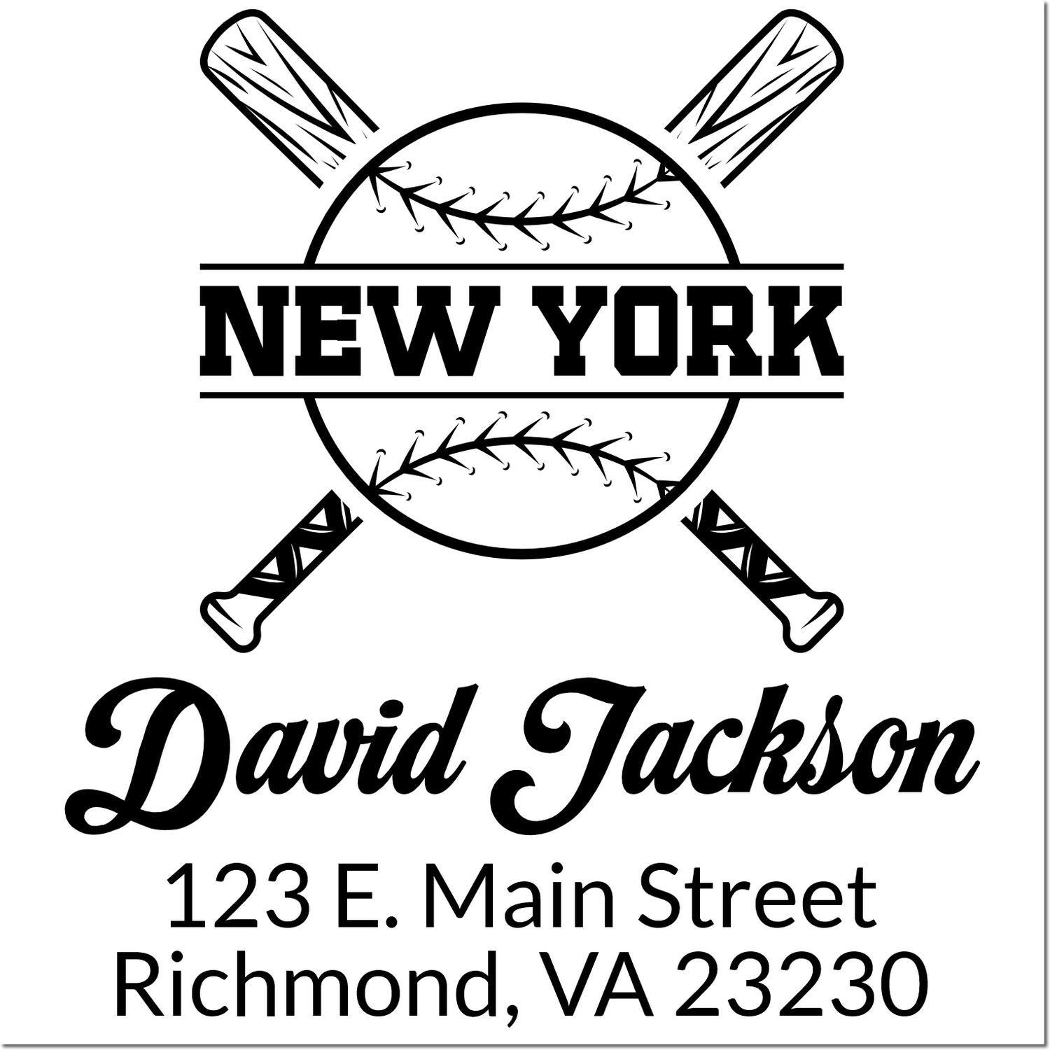 Custom New York baseball return address rubber stamp with David Jackson, 123 E. Main St., Richmond, VA 23230.