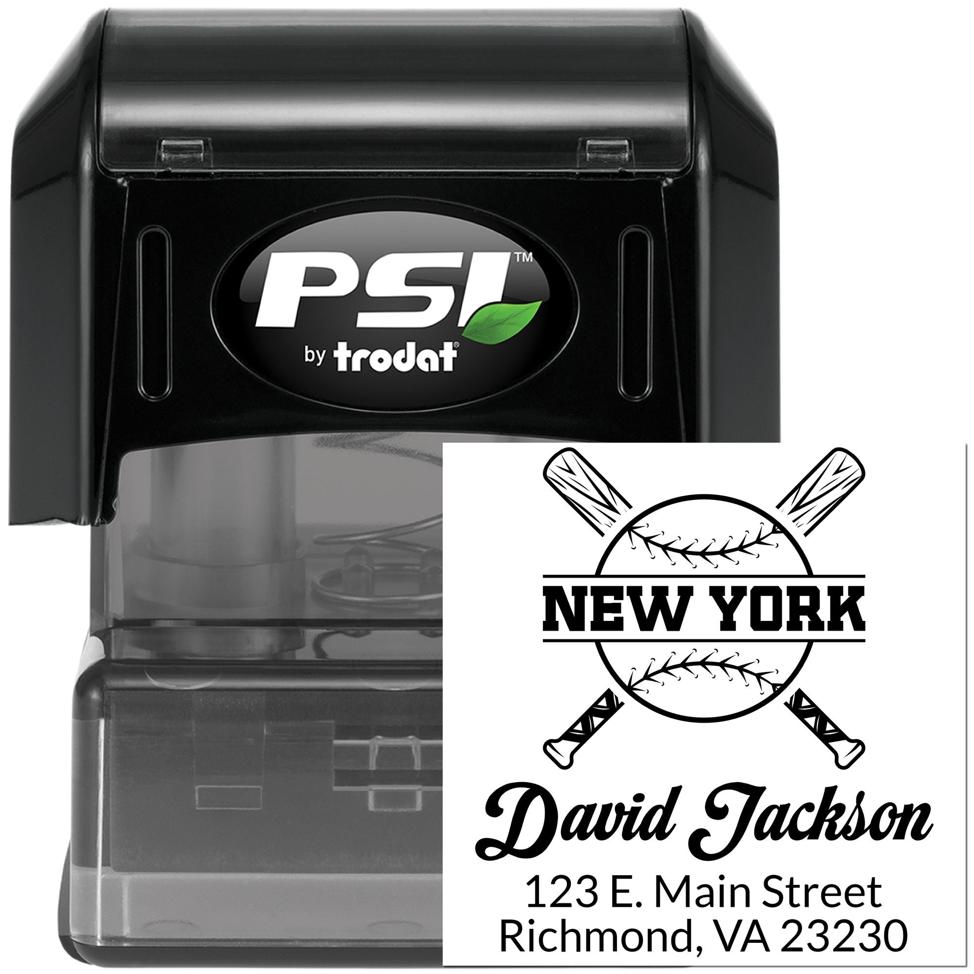 PSI by Trodat self-inking rubber stamp with custom New York baseball logo, name, and address for personalized mail.