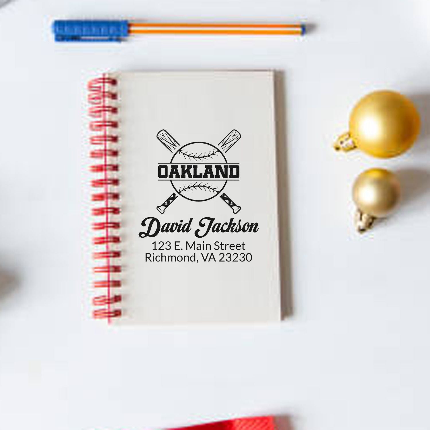Personalized baseball return address rubber stamp with Oakland logo, name, and address for custom stationery.