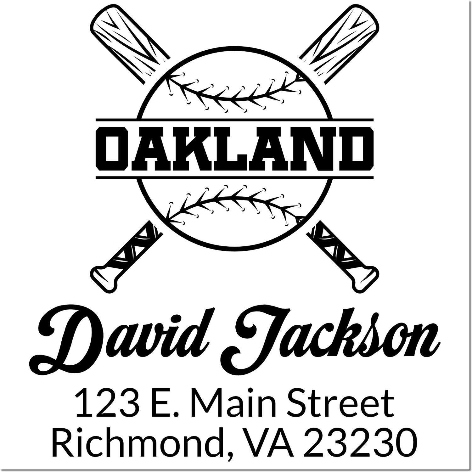 Custom Oakland baseball rubber stamp with bats, name, and Richmond, VA address