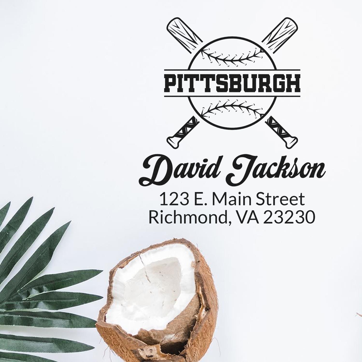 Custom Pittsburgh baseball address stamp with bats, name David Jackson, and Richmond, VA mailing address.