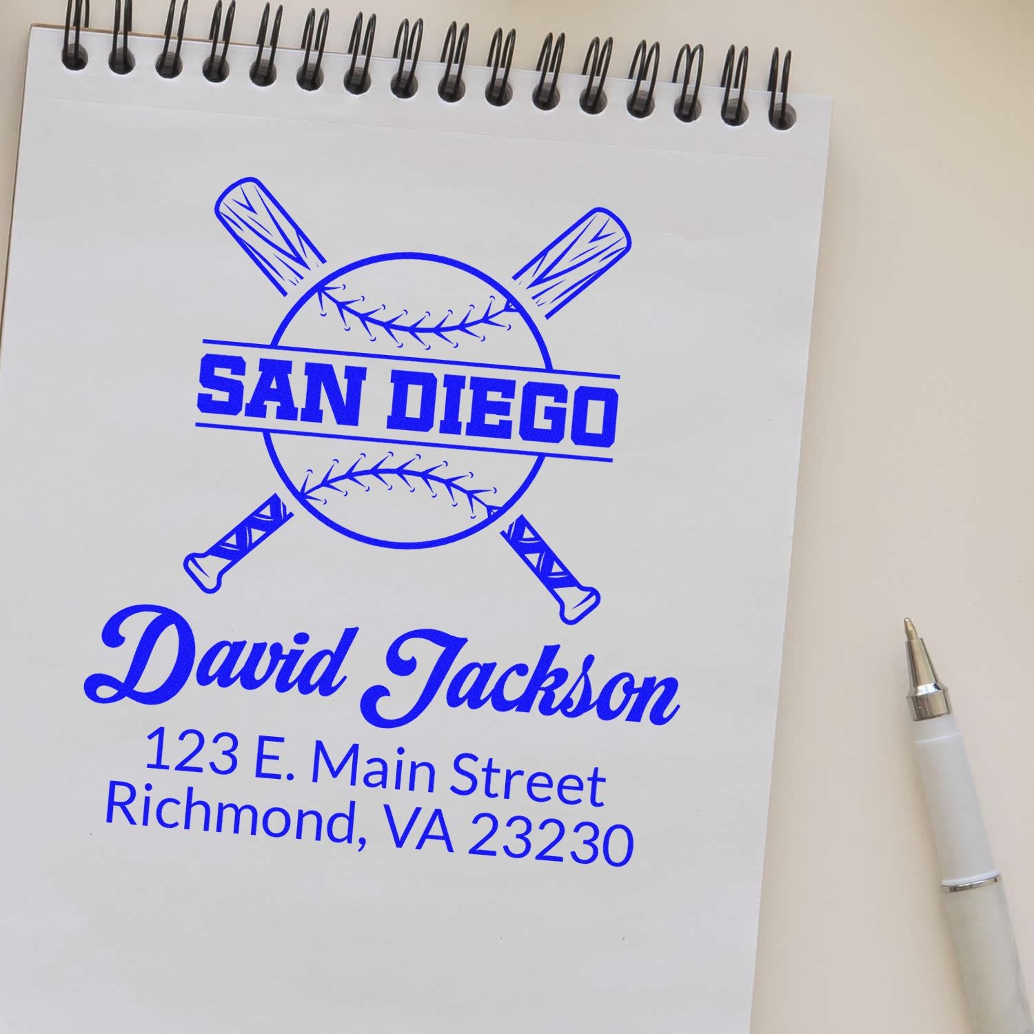 Custom baseball address stamp with San Diego logo, David Jackson name, and return address for personalized mailing.