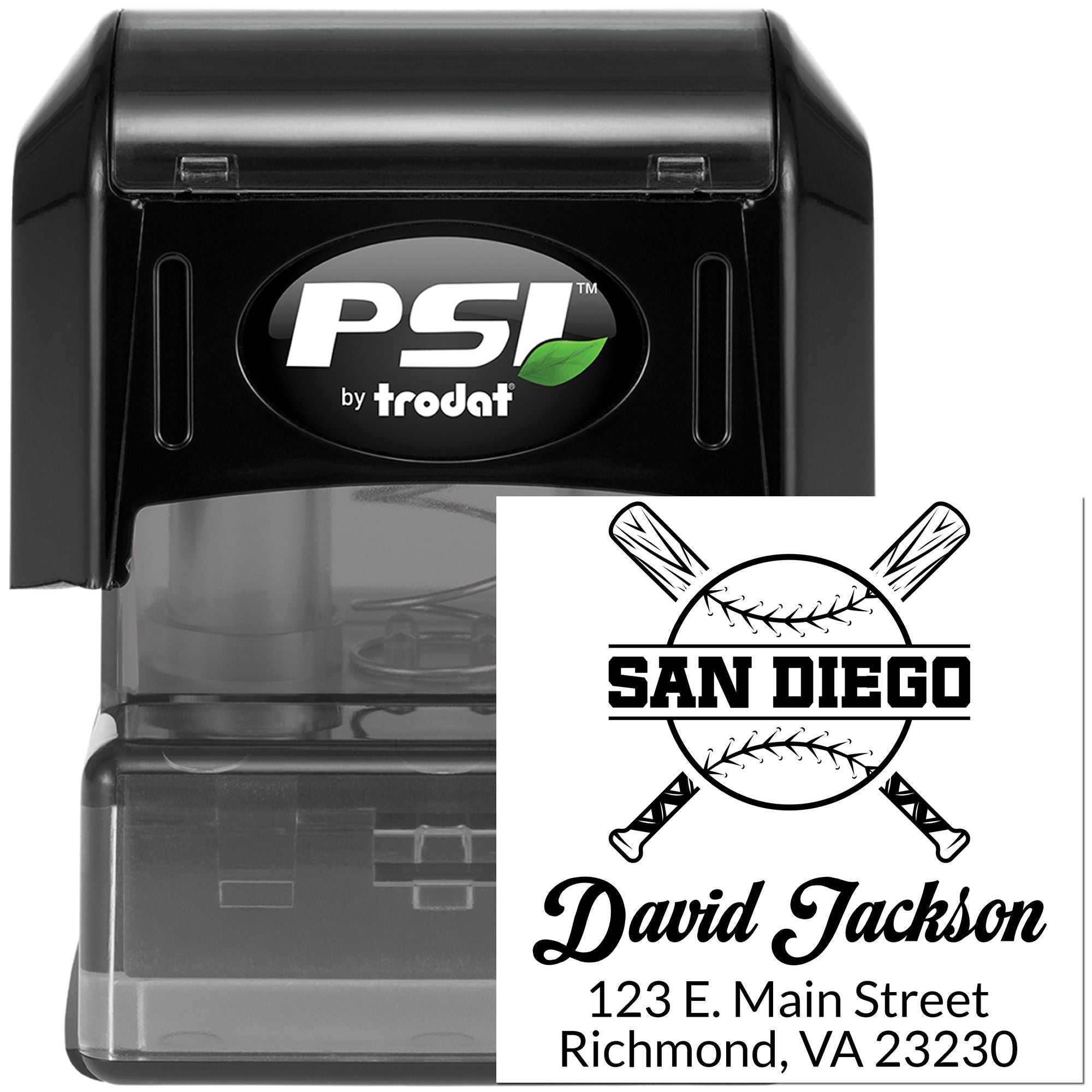 Custom self-inking rubber stamp with baseball design, name, and address for personalized return address use.