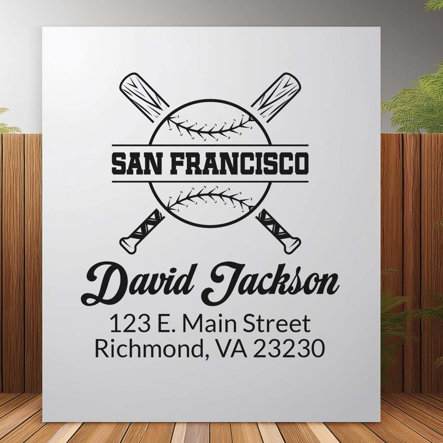 Personalized San Francisco baseball rubber stamp design with David Jackson name and Richmond, VA return address