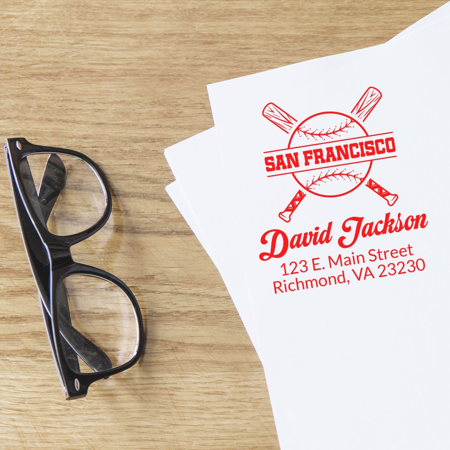 Personalized baseball return address rubber stamp with name and address imprint for sports-themed mail and stationery.
