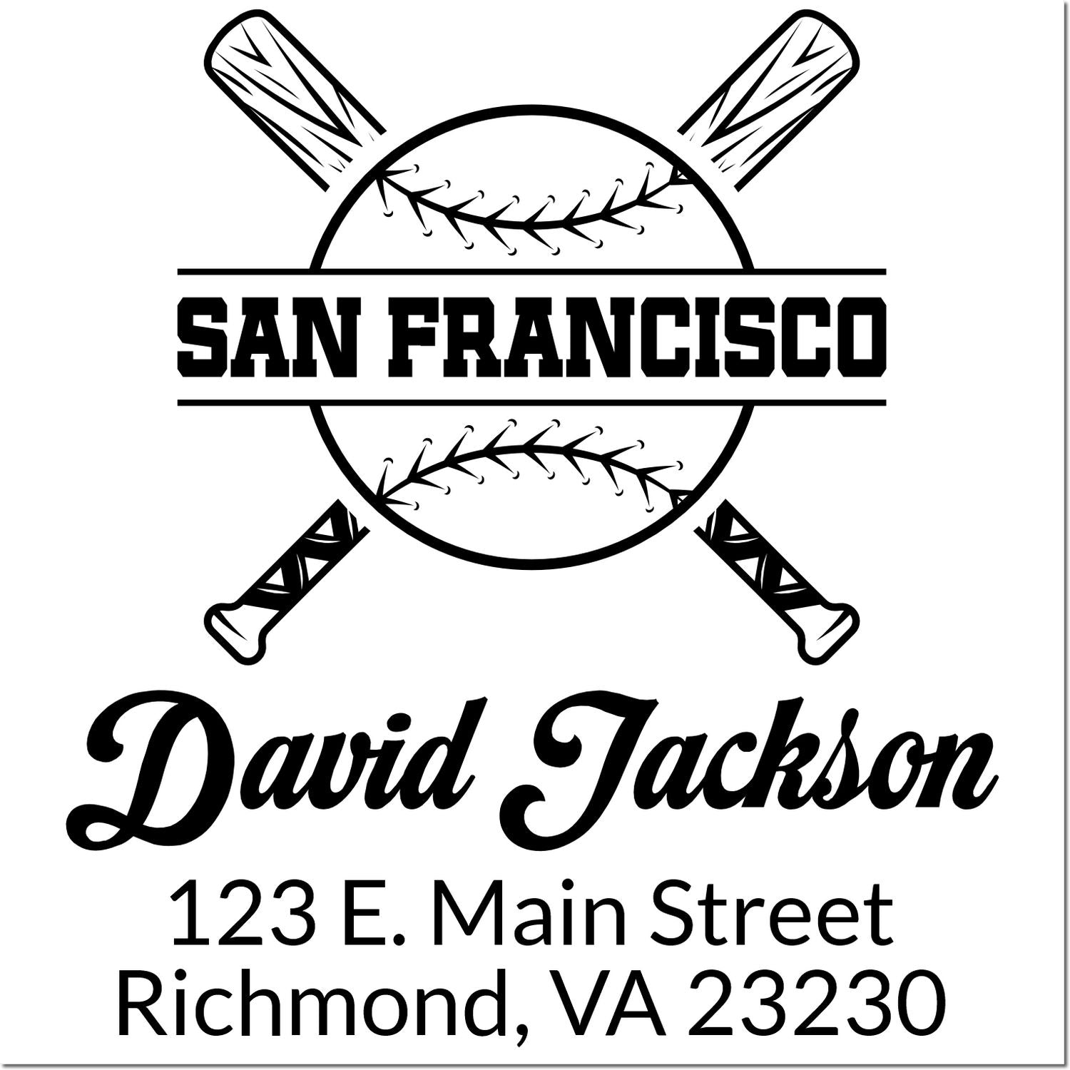Personalized baseball rubber stamp design with crossed bats, San Francisco, David Jackson, and Richmond, VA address.