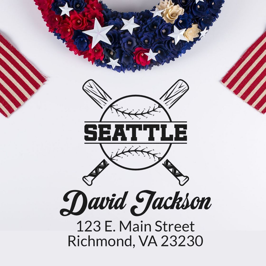 Custom baseball rubber stamp with Seattle, David Jackson, and Richmond, VA address for personalized return marking.