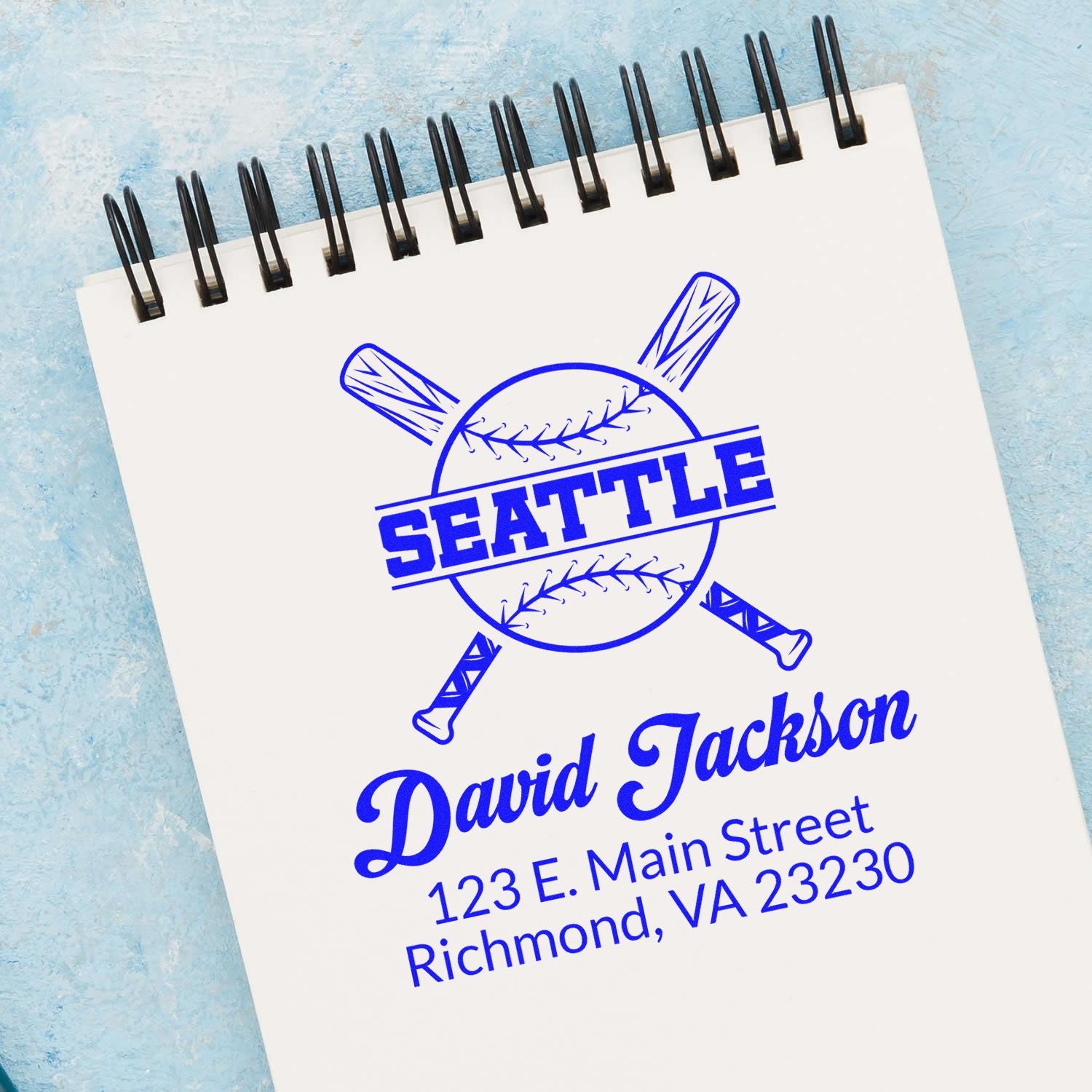 Custom baseball rubber stamp with Seattle logo, personalized name, and return address for mailing and business use.