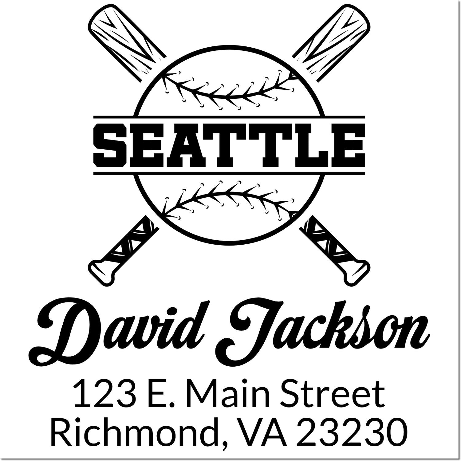 Personalized baseball rubber stamp with Seattle design, David Jackson name, and Richmond, VA address.