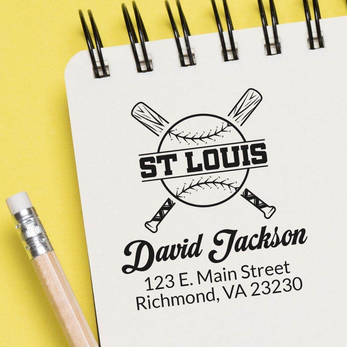 Custom baseball rubber stamp design with name and address, featuring a St. Louis logo for personalized branding.
