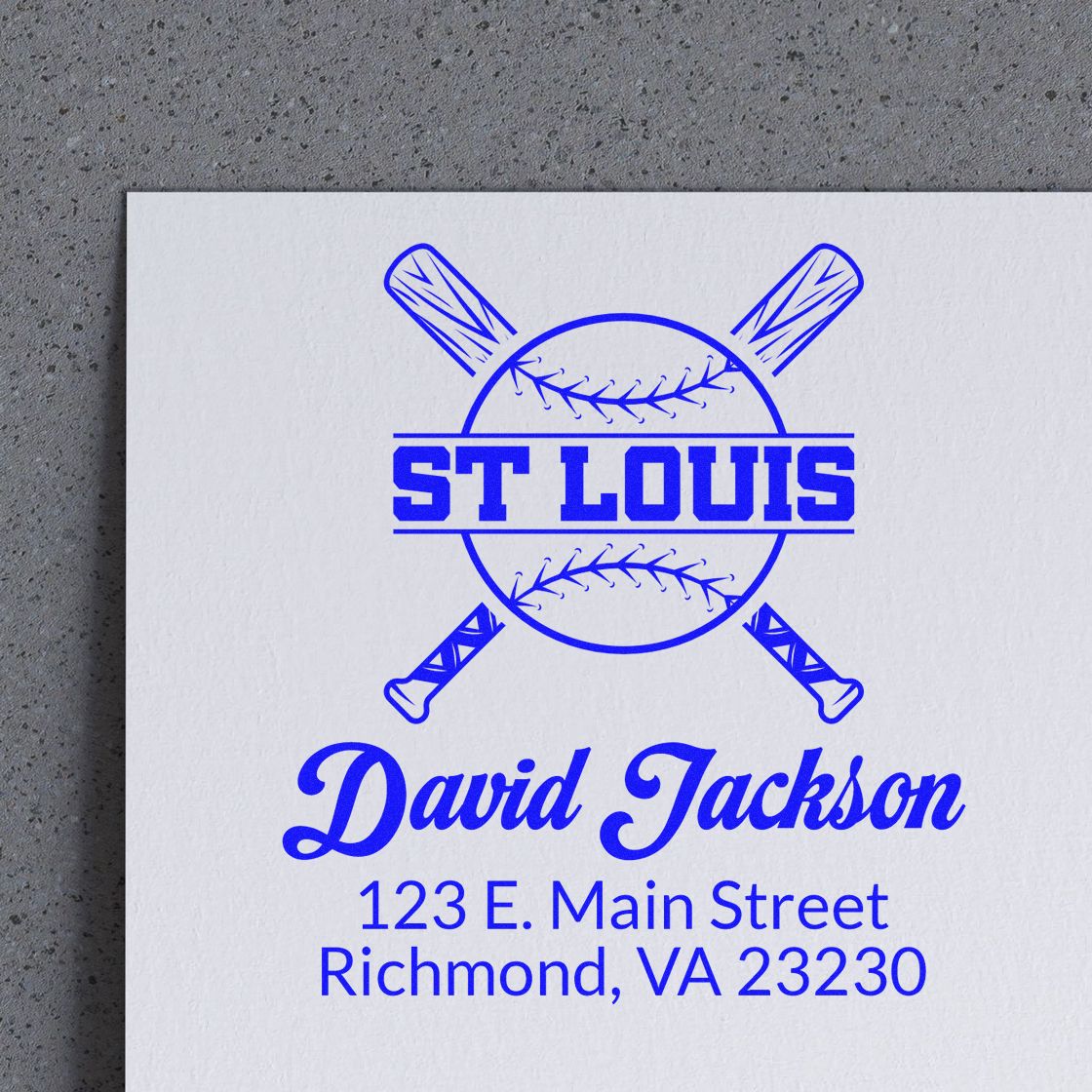 Custom baseball rubber stamp design for David Jackson, St. Louis, with return address, Richmond, VA 23230.