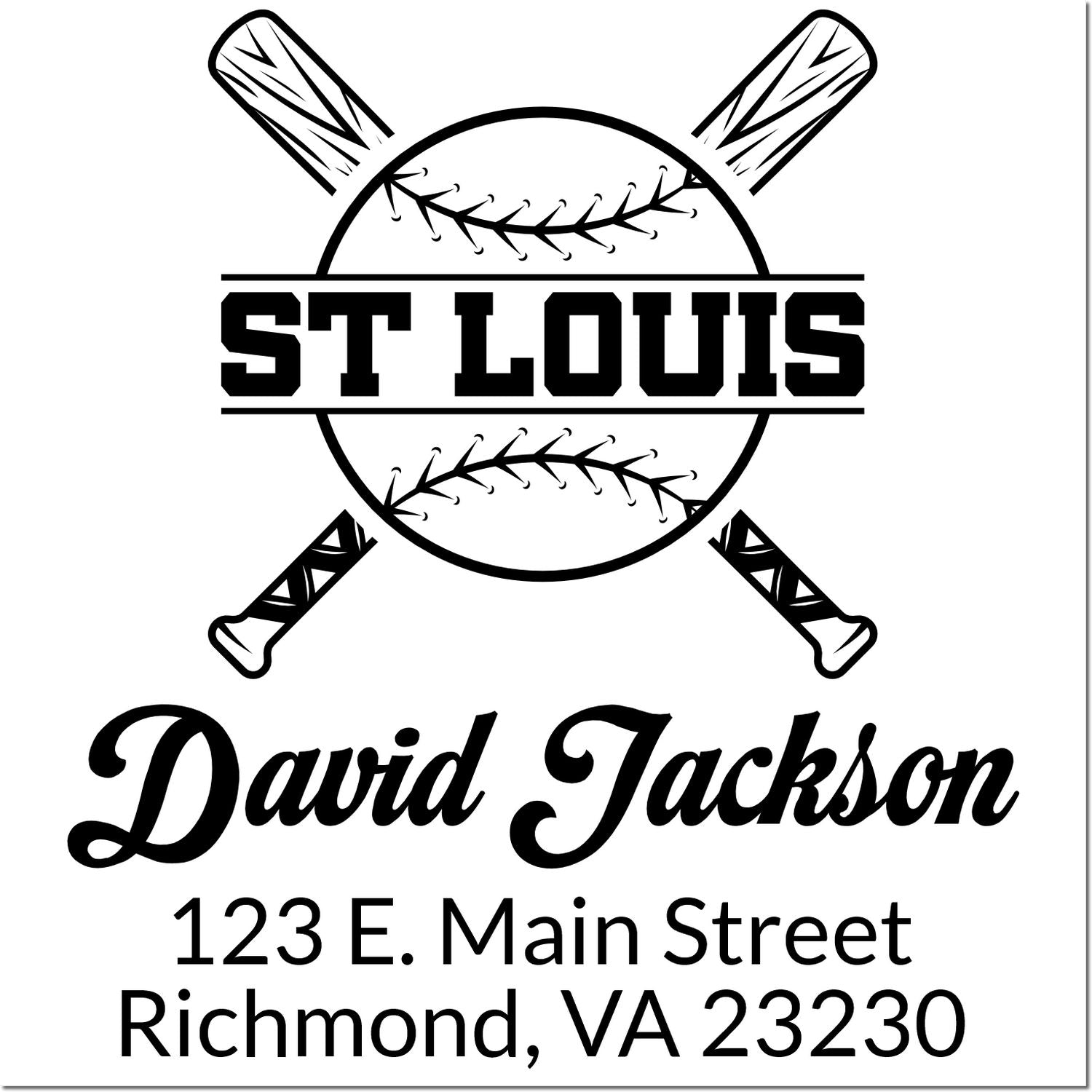 Custom baseball address stamp with crossed bats, St. Louis design, personalized David Jackson name and Richmond, VA address.