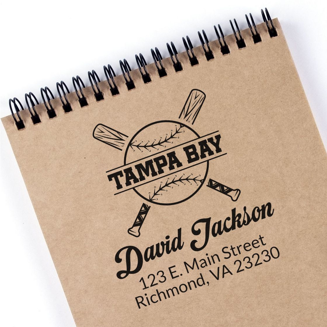 Custom baseball rubber stamp for Tampa Bay fan with name and address, ideal for personalized stationery or business use.