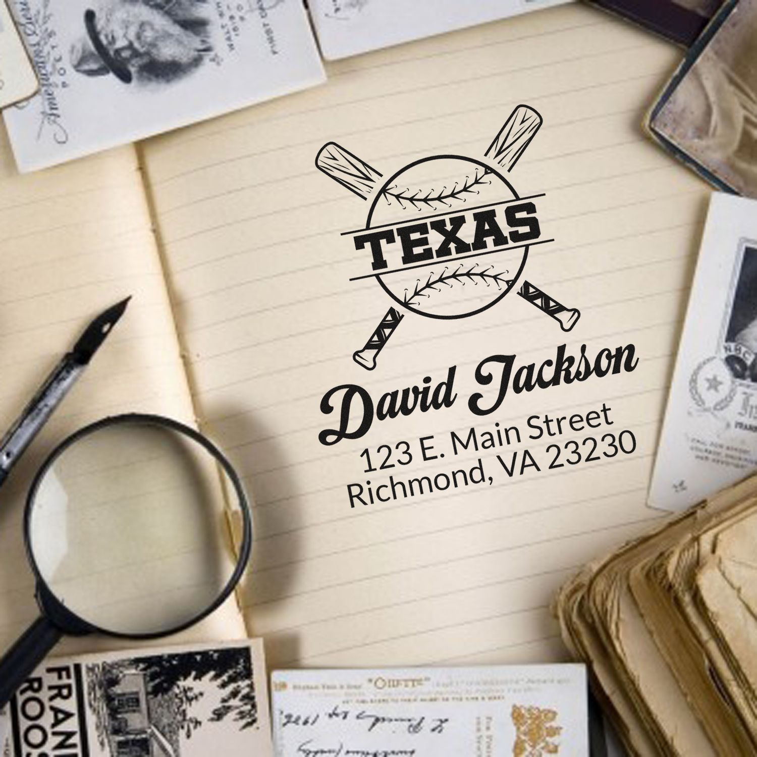 Custom Texas baseball rubber stamp with name and address for personalized stationery, branding, and business mailings.