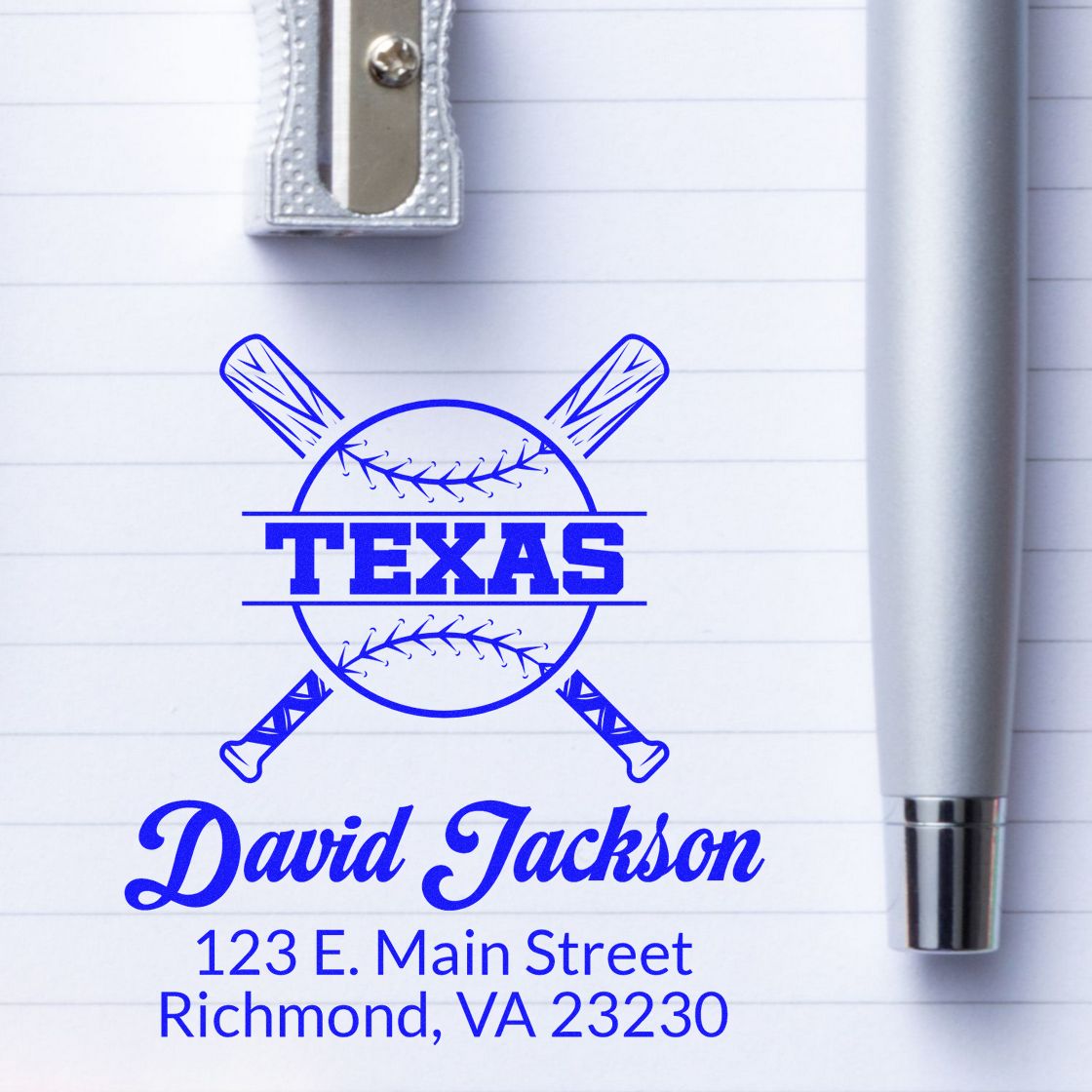 Custom Texas baseball address rubber stamp with name and mailing address for personalized return address labeling.