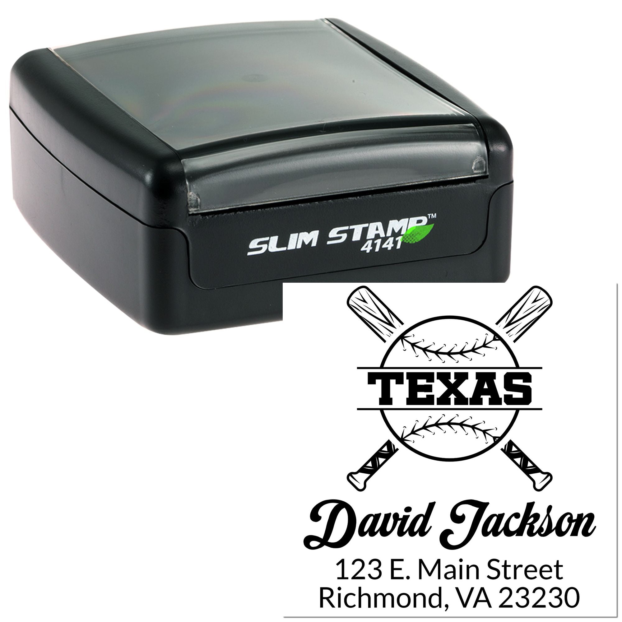 Slim self-inking rubber stamp with custom Texas baseball logo, David Jackson name, and Richmond, VA address.