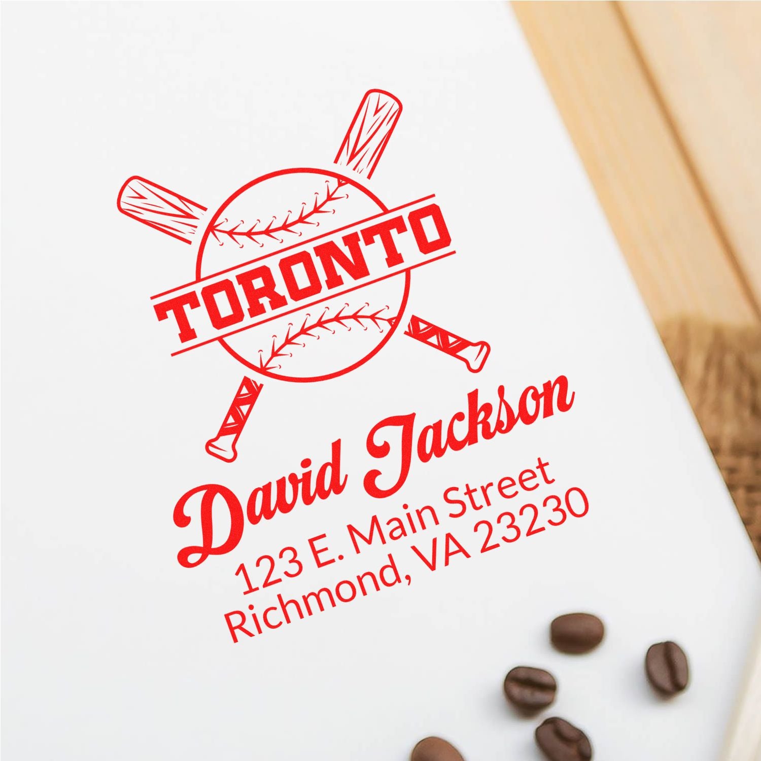 Custom baseball rubber stamp with David Jackson return address, 123 E. Main Street, Richmond, VA 23230.