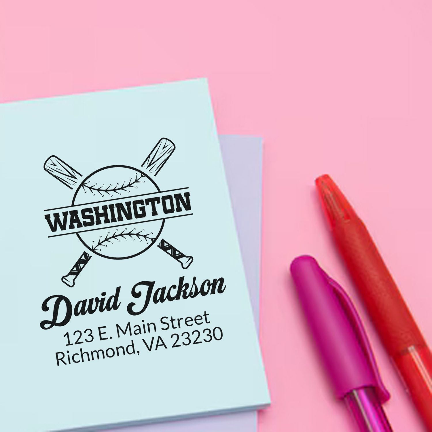 Personalized baseball address rubber stamp with Washington design, name, and address for custom stationery.