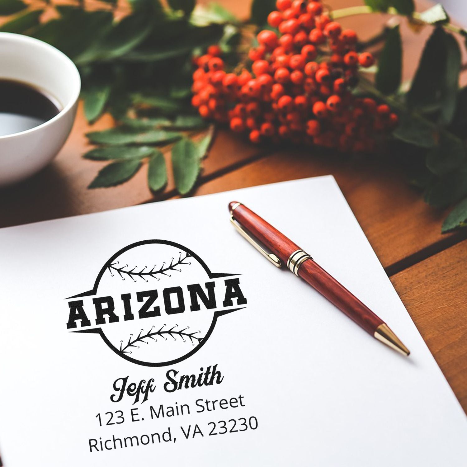 Custom Arizona baseball rubber stamp with name and return address for personalized envelopes and stationery.
