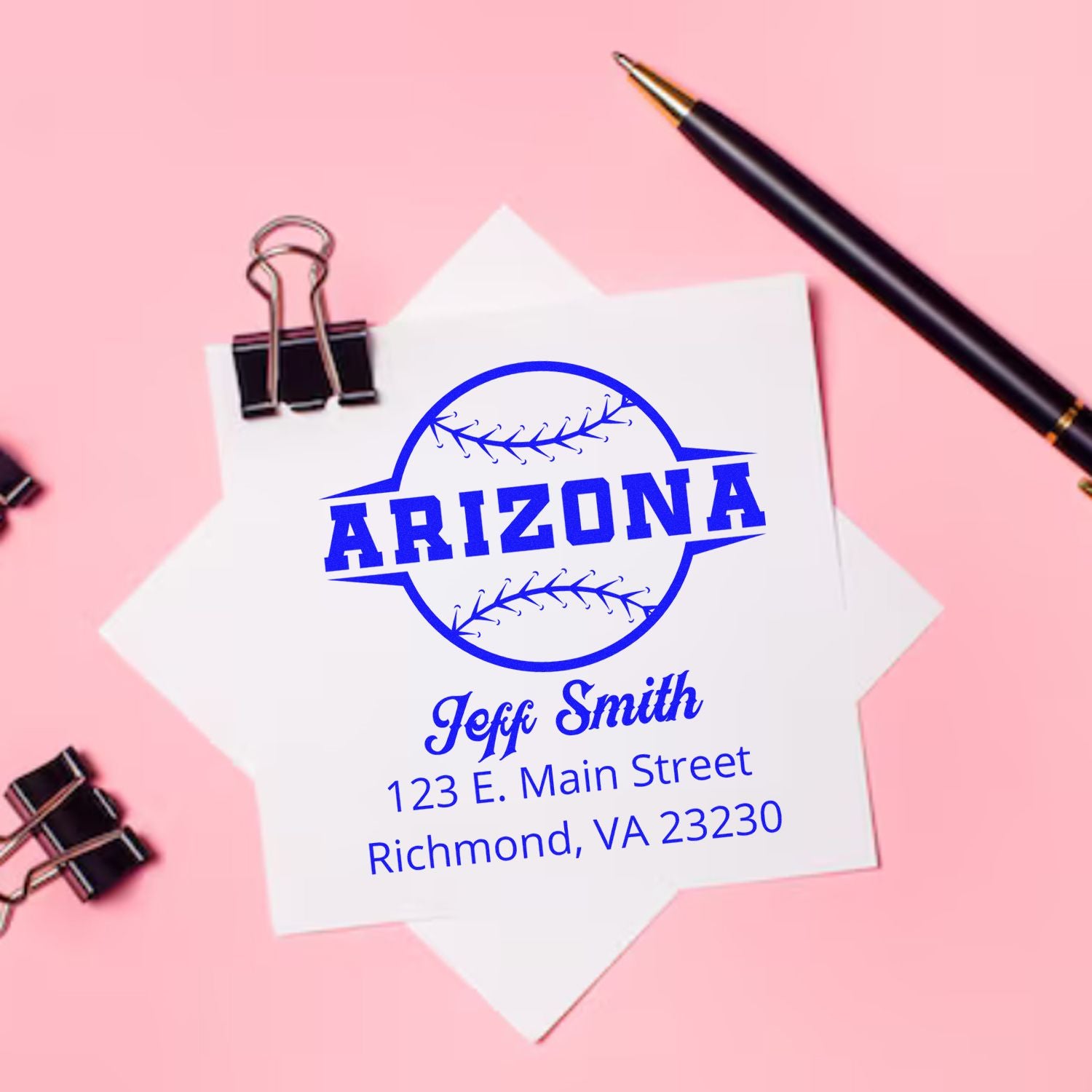 Custom Arizona baseball return address rubber stamp with Jeff Smith name and Richmond, VA address.
