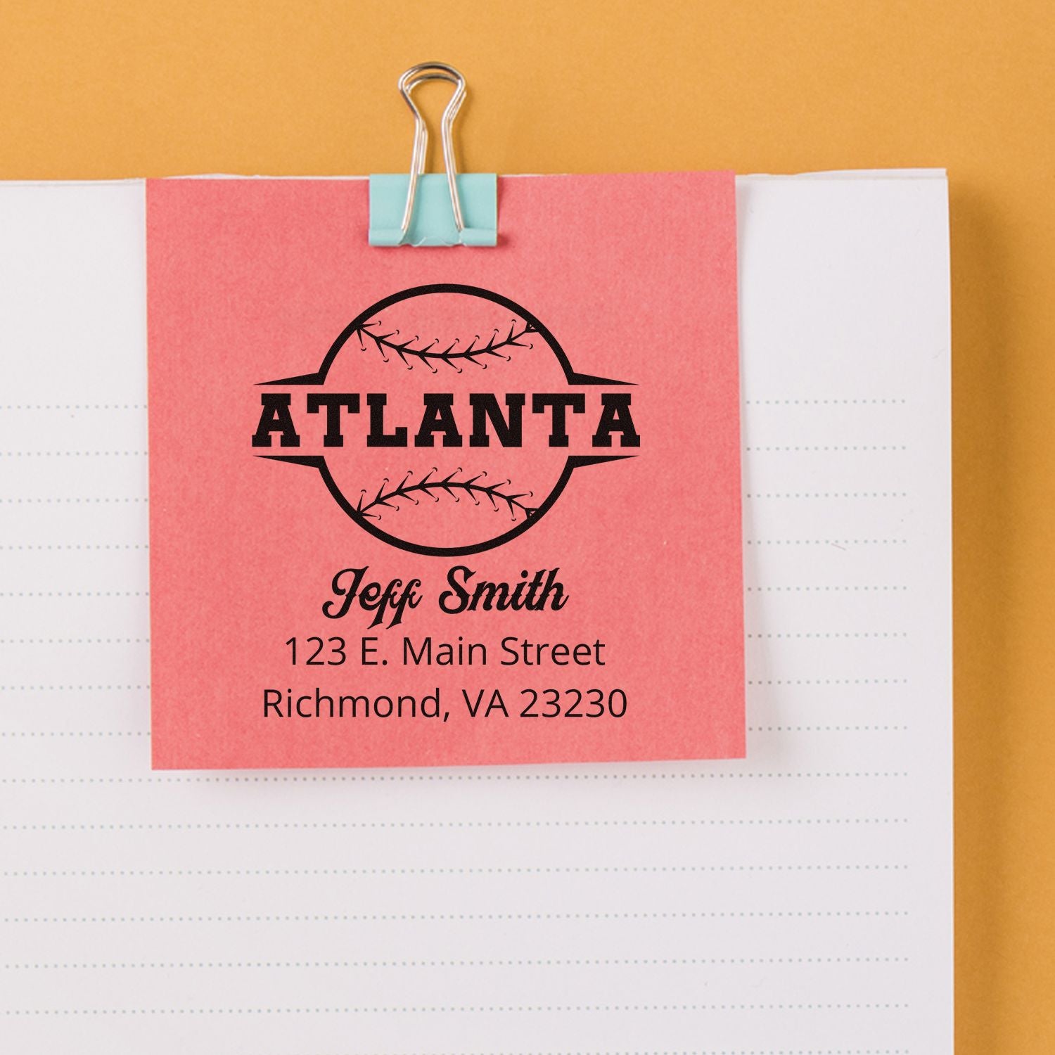 Custom Atlanta baseball address rubber stamp for Jeff Smith, featuring name and Richmond, VA return address.