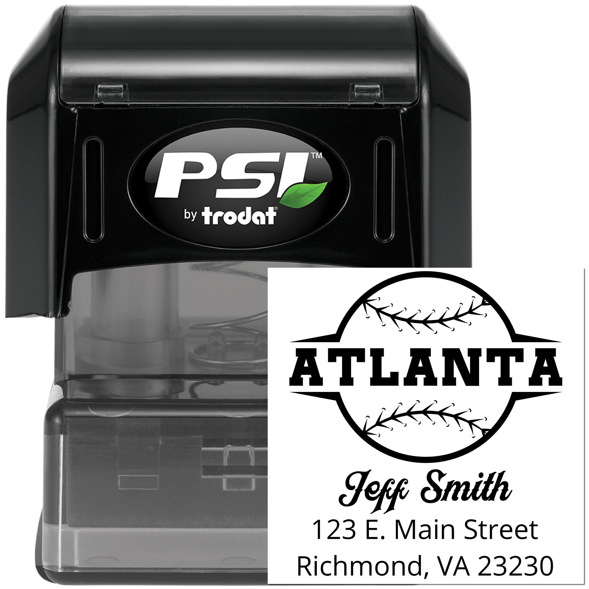 Custom self-inking rubber stamp by PSI Trodat with Atlanta baseball design, Jeff Smith name, and address.