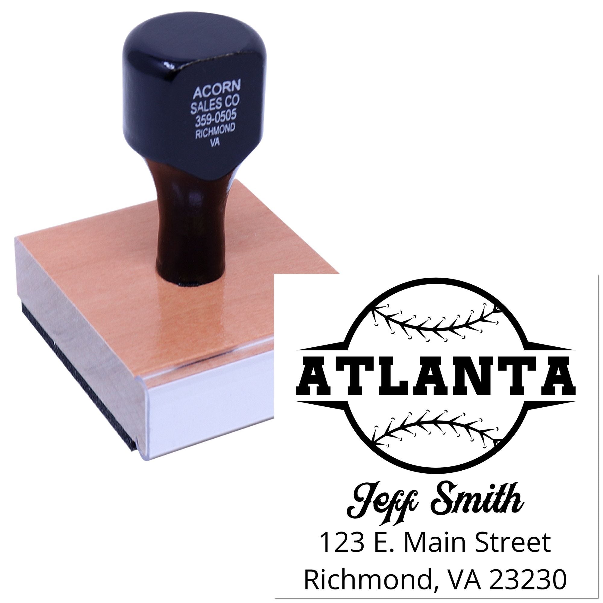 Custom baseball rubber stamp with Atlanta logo, Jeff Smith name, and Richmond, VA address for personalized mailings.
