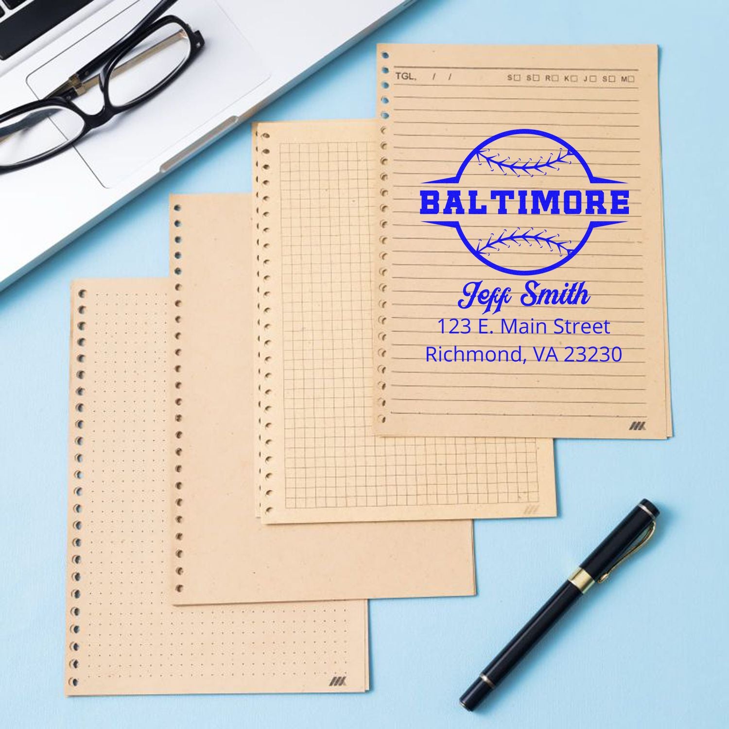 Personalized baseball return address rubber stamp with Baltimore, Jeff Smith, and Richmond VA on notebook paper.