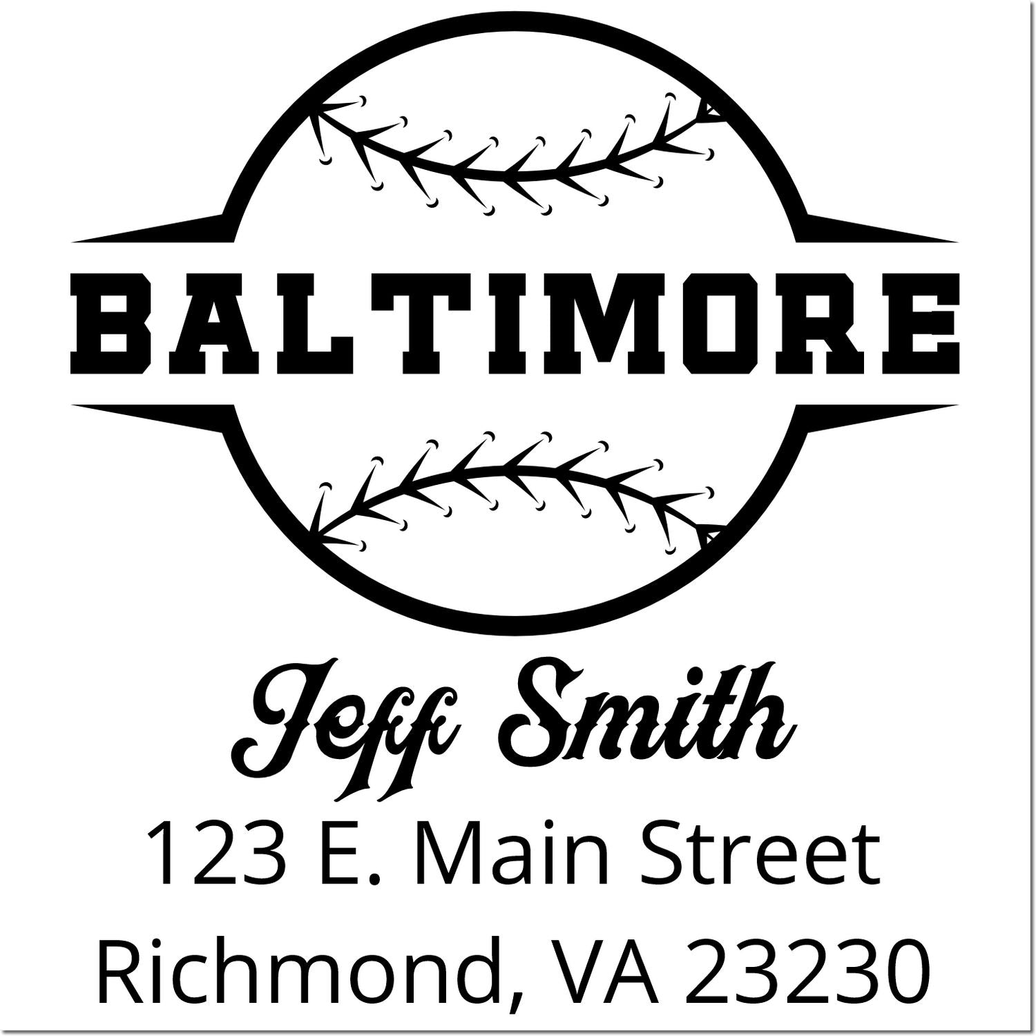 Custom Baltimore baseball address rubber stamp for Jeff Smith, 123 E. Main Street, Richmond, VA 23230