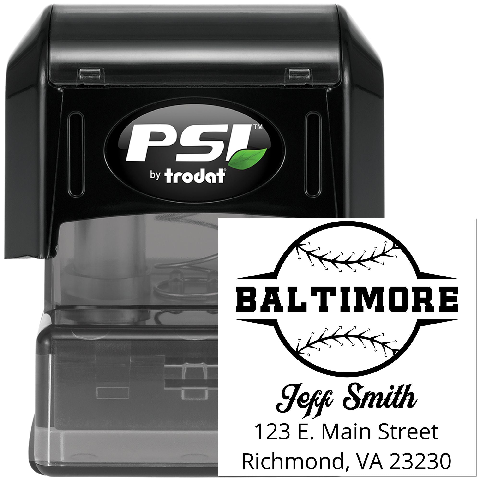 Custom self-inking rubber address stamp with Baltimore baseball design, name, and return address for mail and branding.