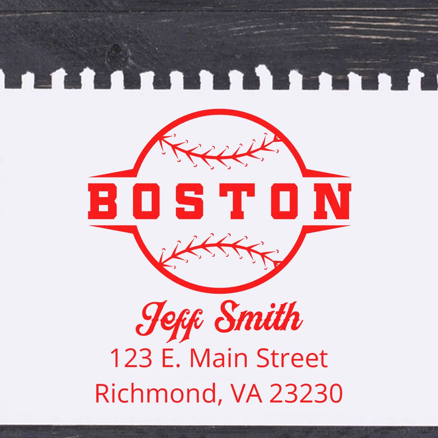 Custom Boston baseball return address rubber stamp for Jeff Smith, Richmond, VA 23230.